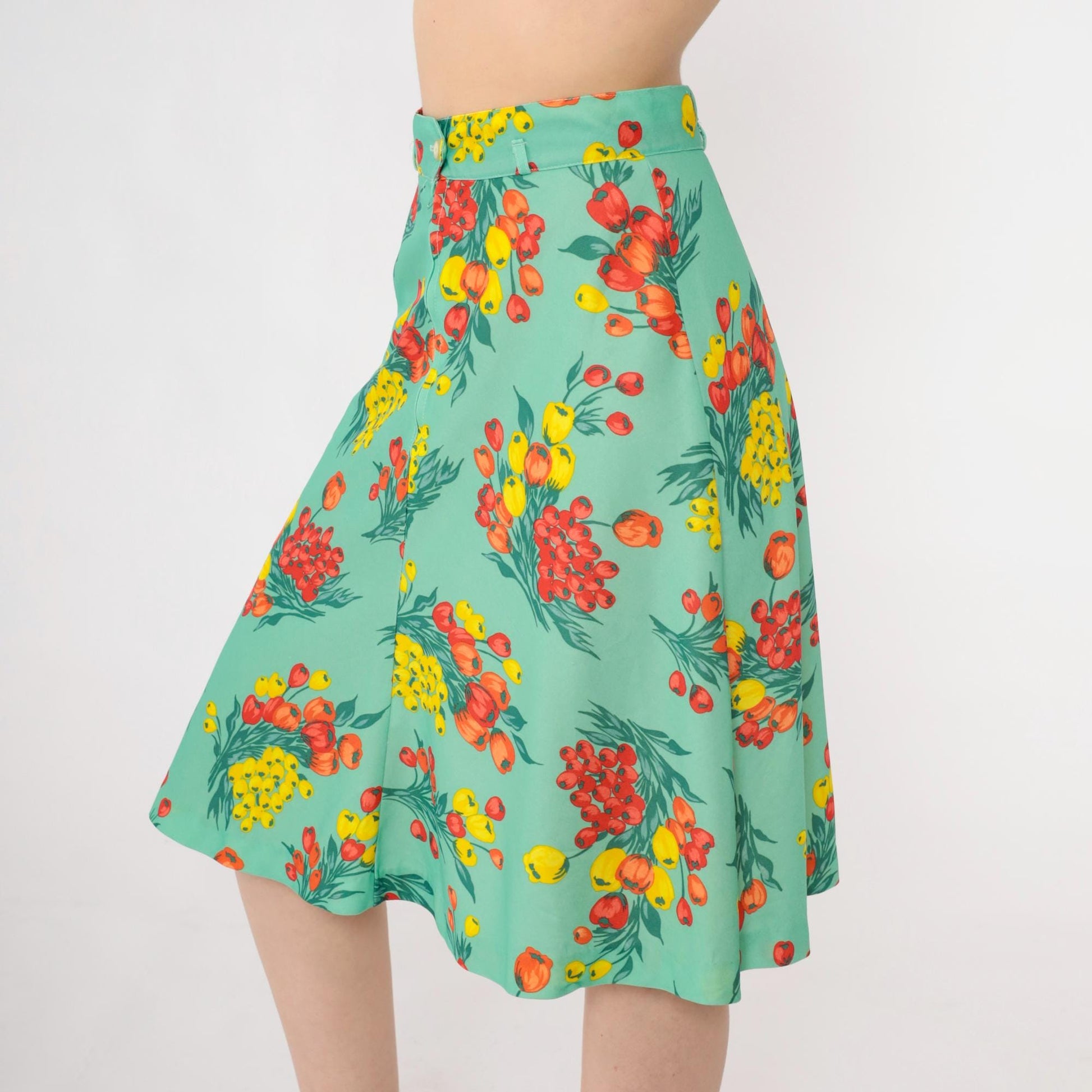 70s Green Floral Midi Skirt High Waisted A-Line Small