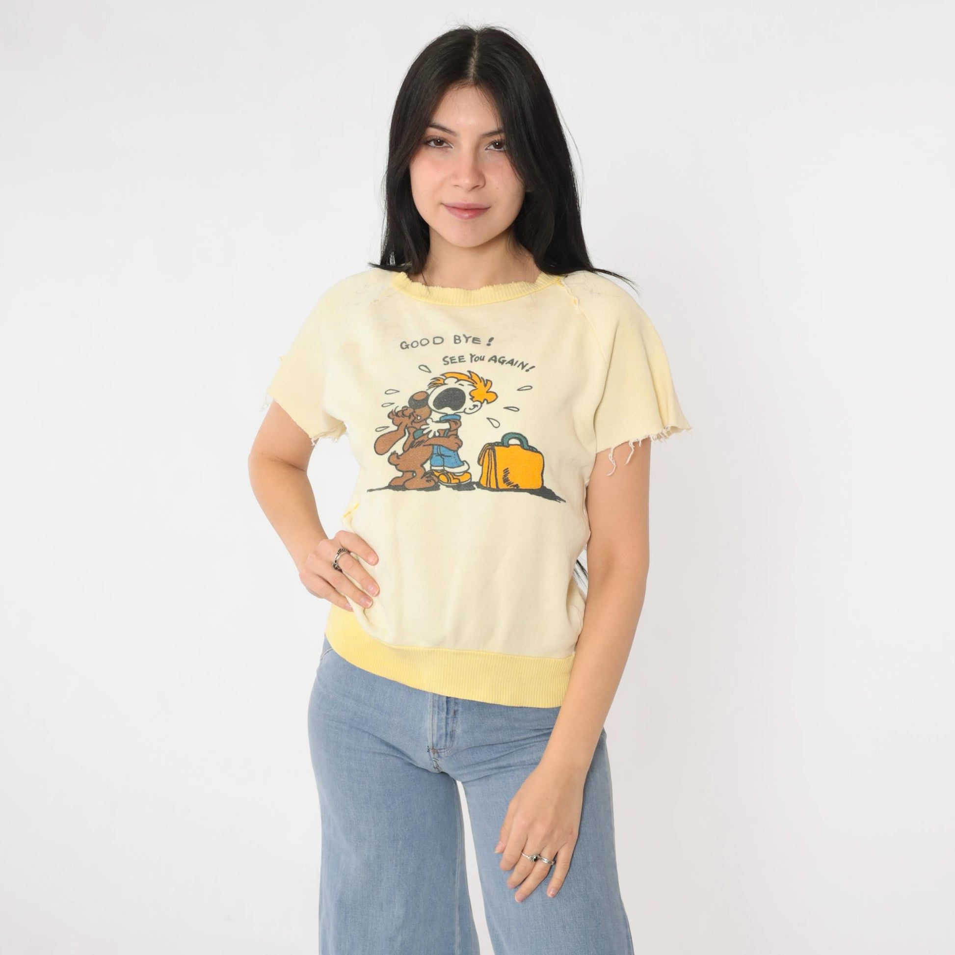 80s Graphic Sweatshirt Tee Yellow Goodbye See You Again Cartoon Extra Small