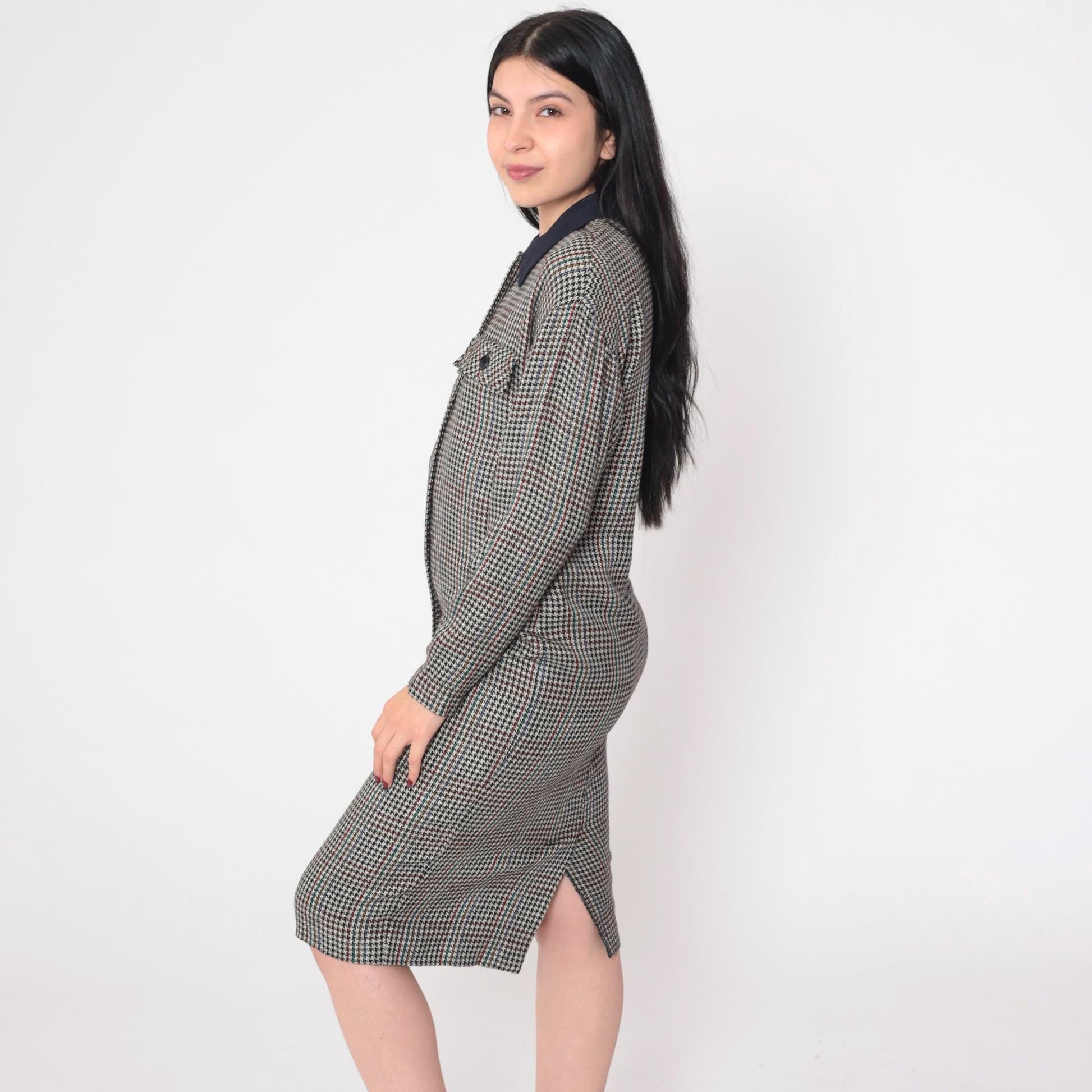 90s Houndstooth Midi Shirtdress Black White Checkered Button-Up Large