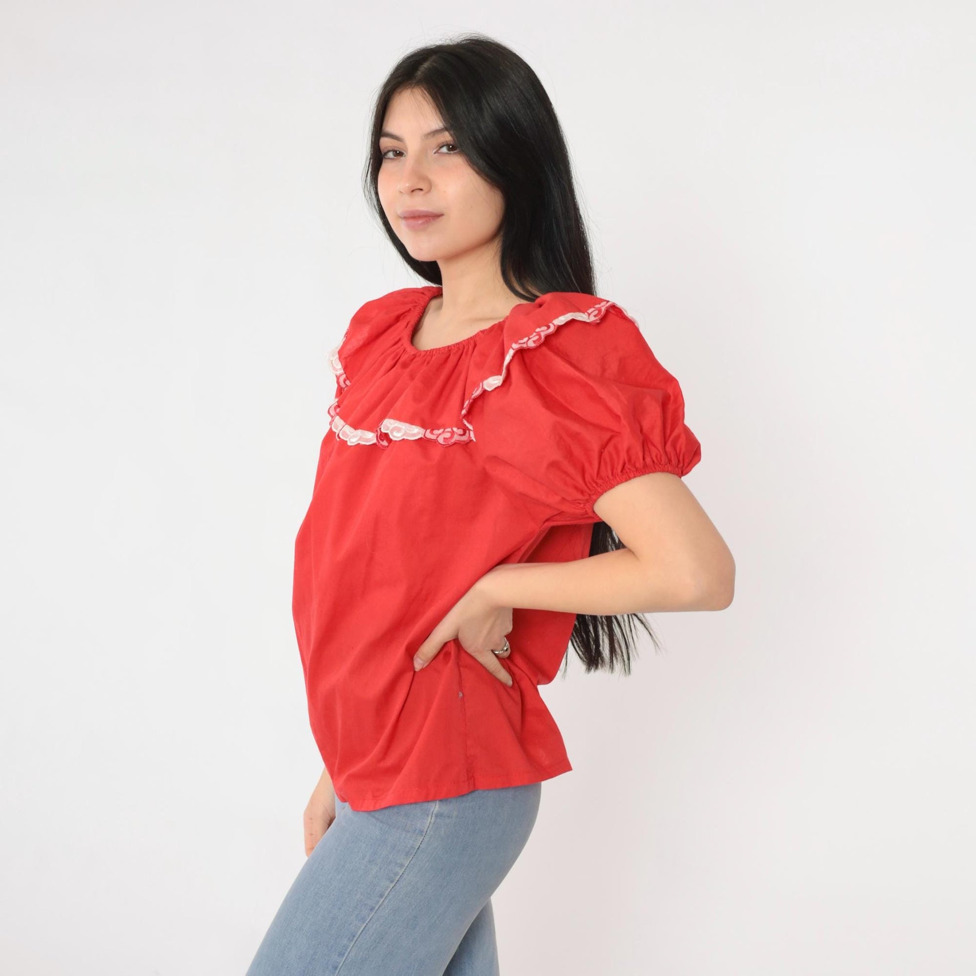 80s Red Peasant Blouse Puff Sleeve Elastic Neckline Small S