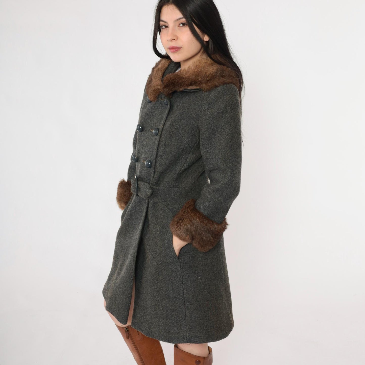 1960s Wool Pea Coat Charcoal Grey Fur Collar Double Breasted Extra Small