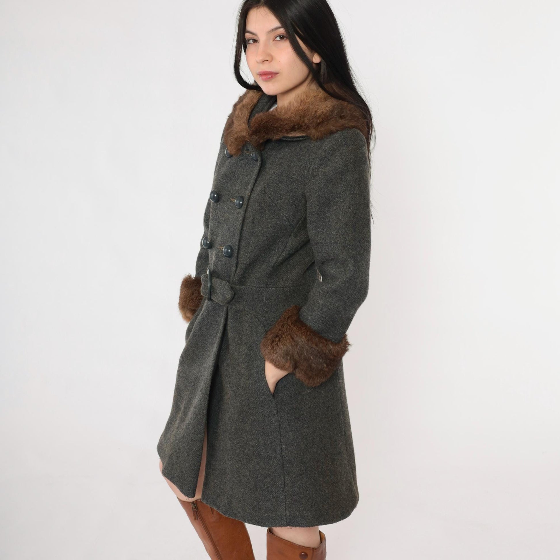 1960s Wool Pea Coat Charcoal Grey Fur Collar Double Breasted Extra Small