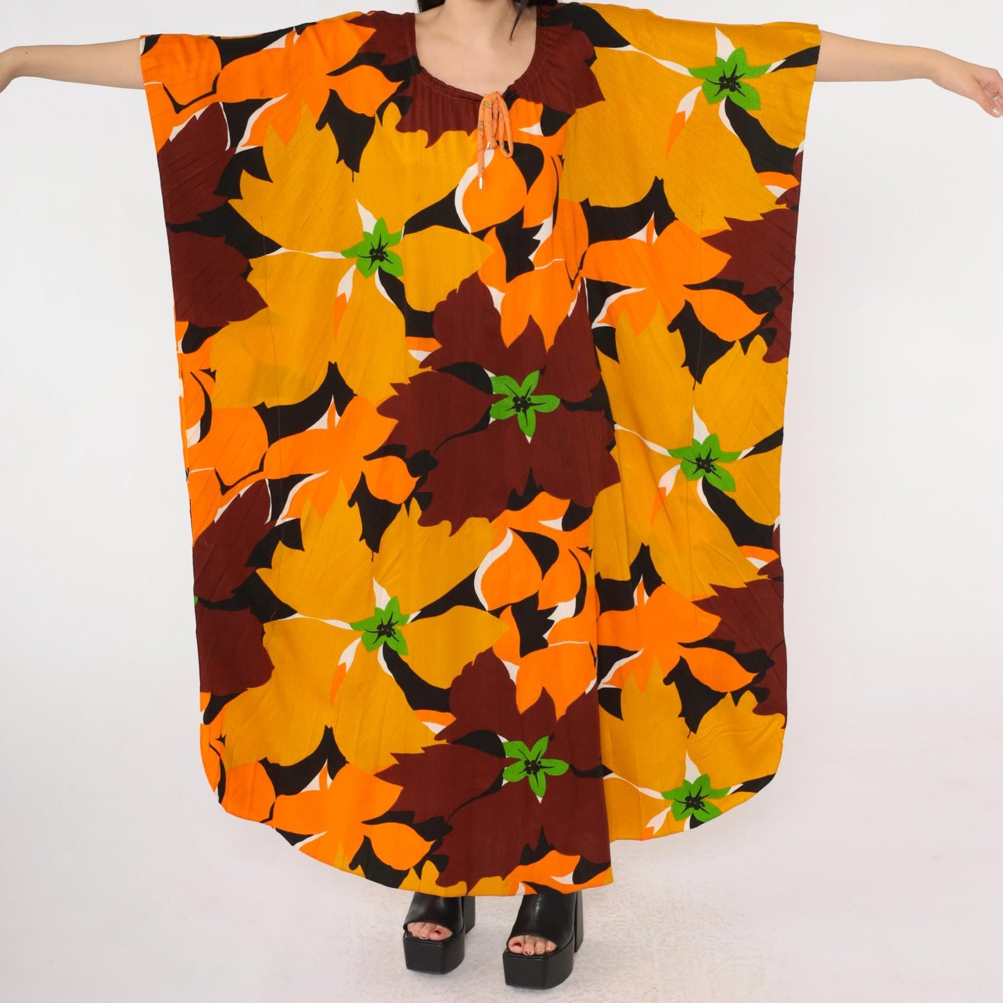 70s Hawaiian Caftan Maxi Dress Floral Mustard Orange Brown One Size