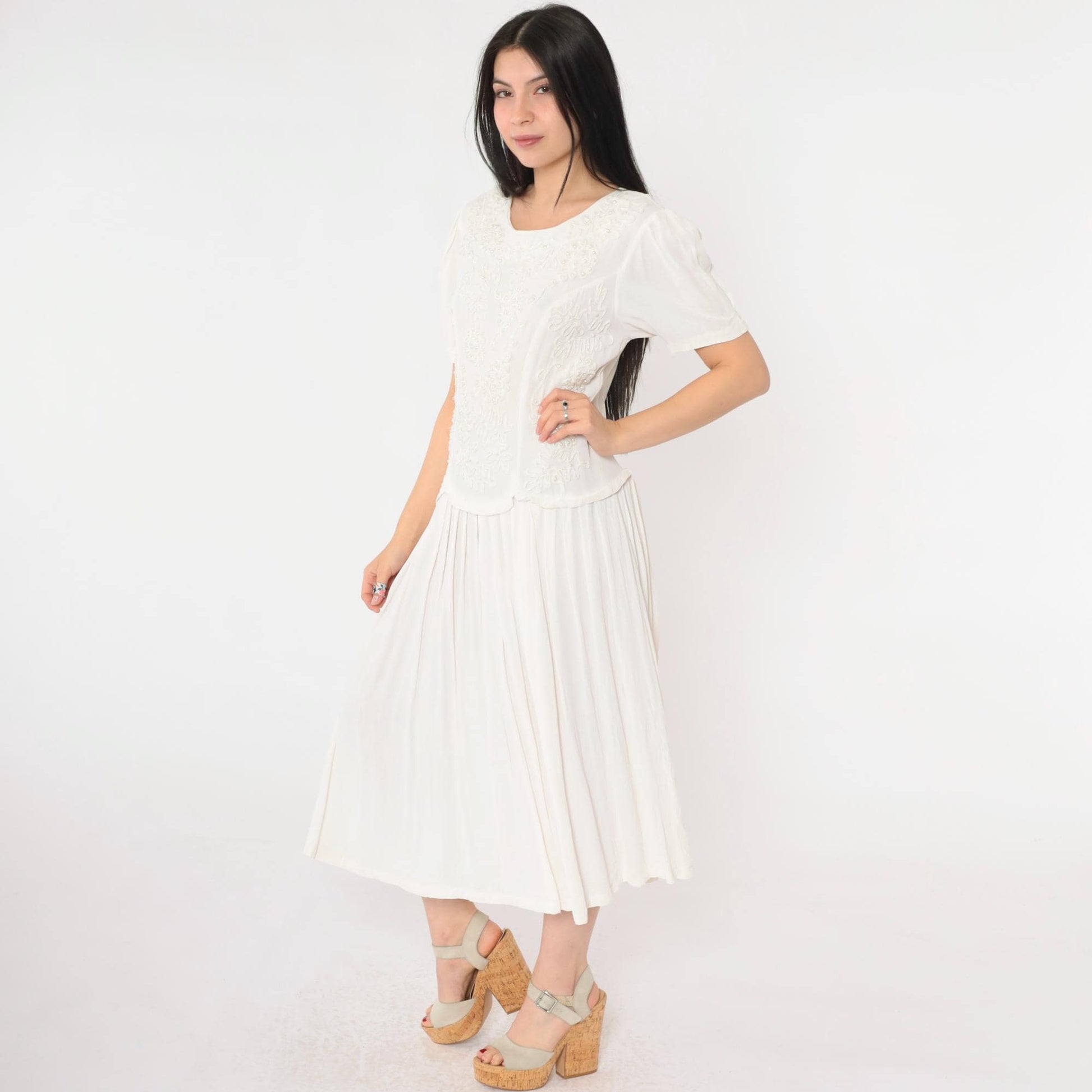 90s Sarin White Beaded Soutache Midi Dress Puff Sleeve Low Waist Small