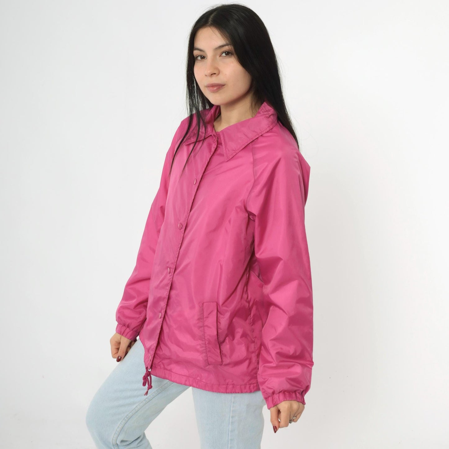 80s Pink Nylon Windbreaker Jacket Snap Front Raglan Drawstring Medium