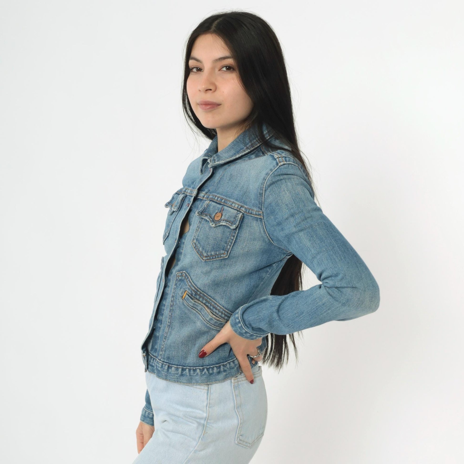 Y2K Levi's Denim Jacket Cropped Blue Jean Fitted Stretch Extra Small