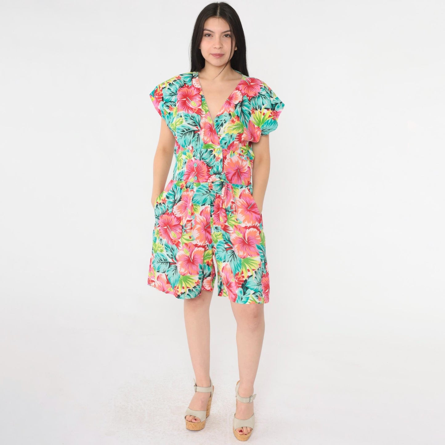 80s Tropical Floral Romper Playsuit Cotton Cap Sleeve High Waist Medium