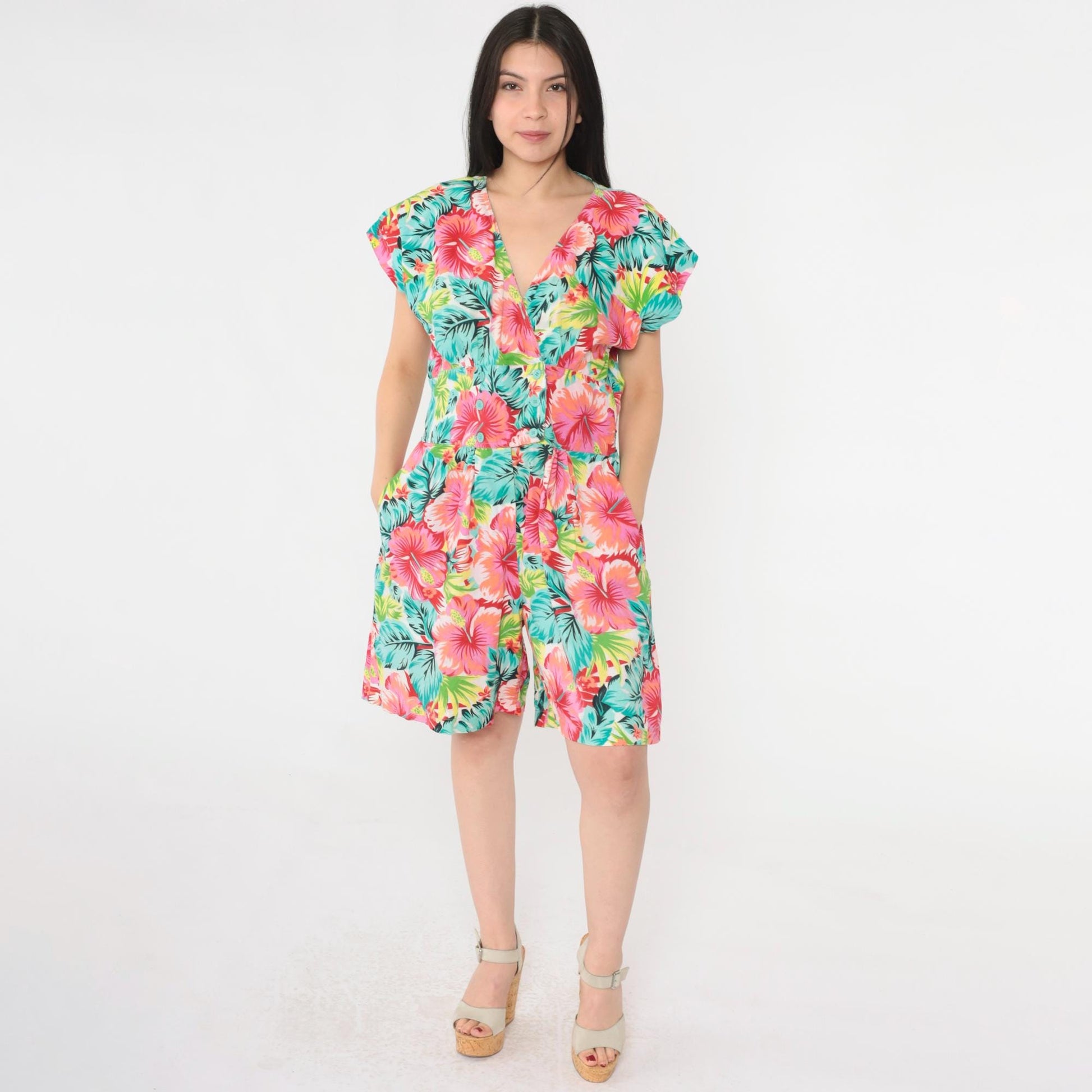 80s Tropical Floral Romper Playsuit Cotton Cap Sleeve High Waist Medium