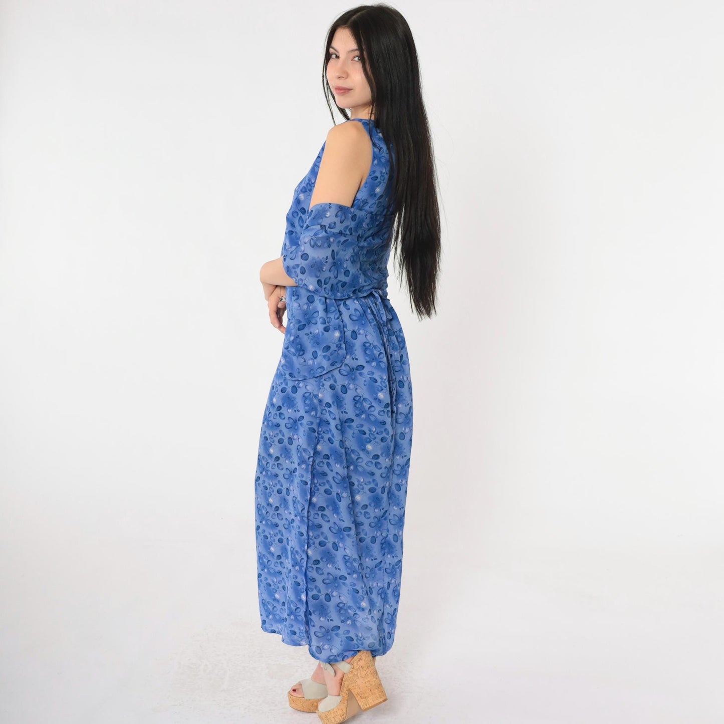 90s Blue Floral Maxi Dress with Matching Shawl Sleeveless Medium