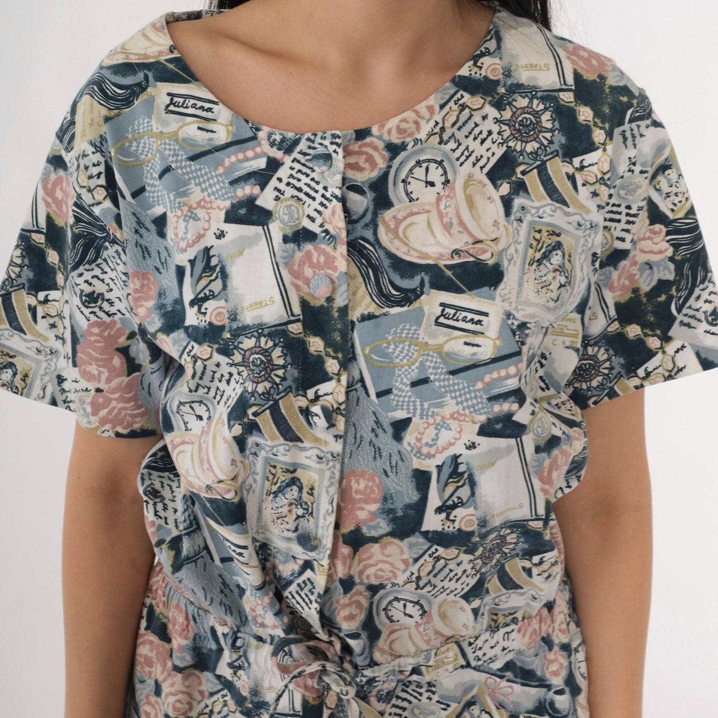 90s Abstract Print Romper Teacup Newspaper Button Front Drawstring Medium M