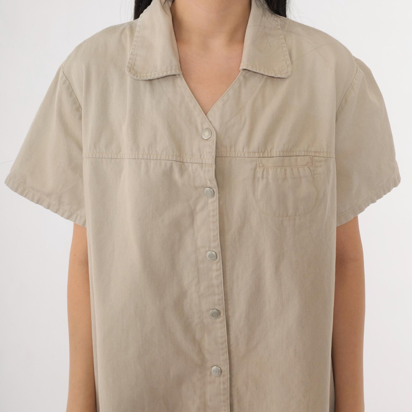 90s Faded Glory Khaki Shirt Dress Cotton Twill Mini Tan XL