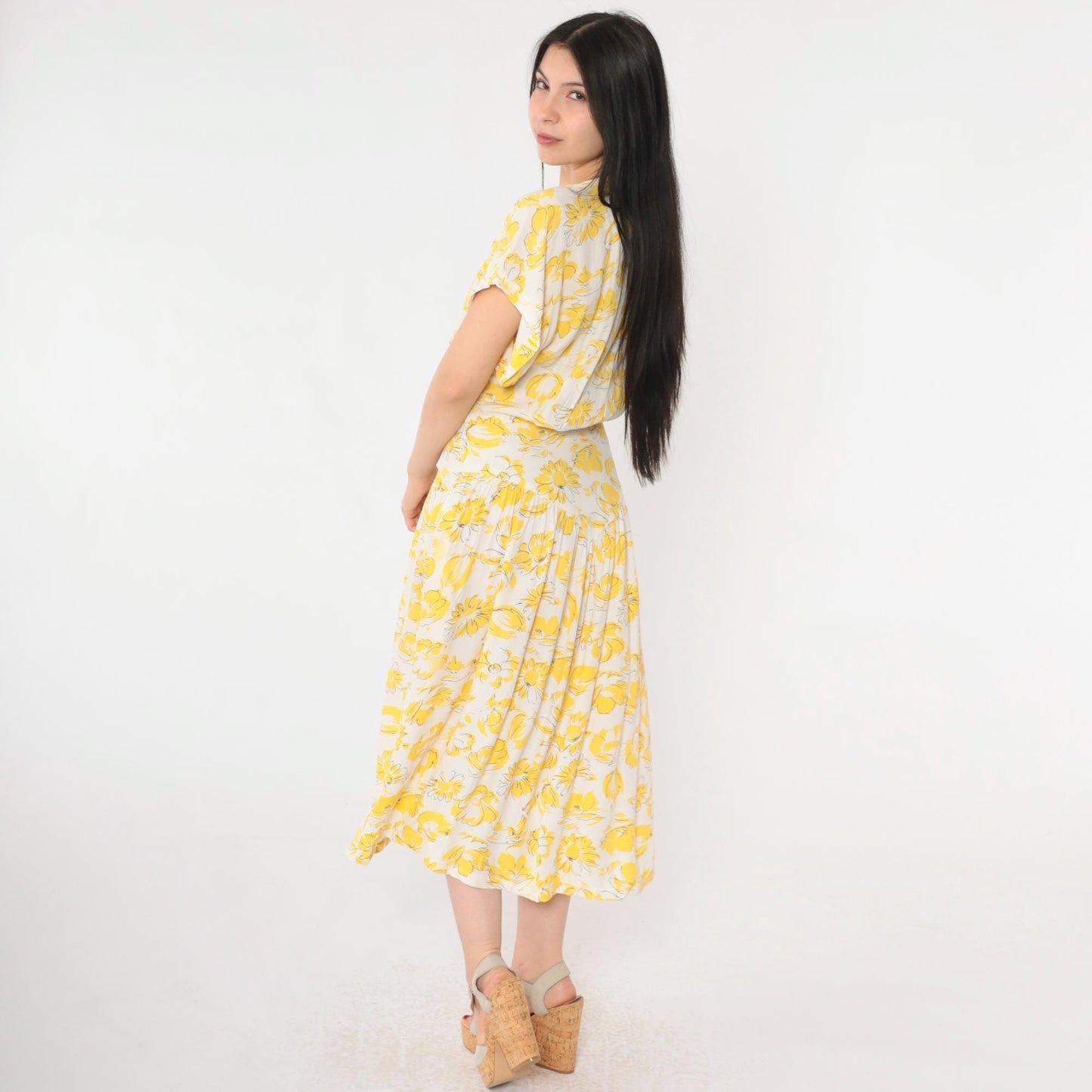 80s E.D. Michaels Yellow Floral Drop Waist Midi Dress V Neck Button Front Small