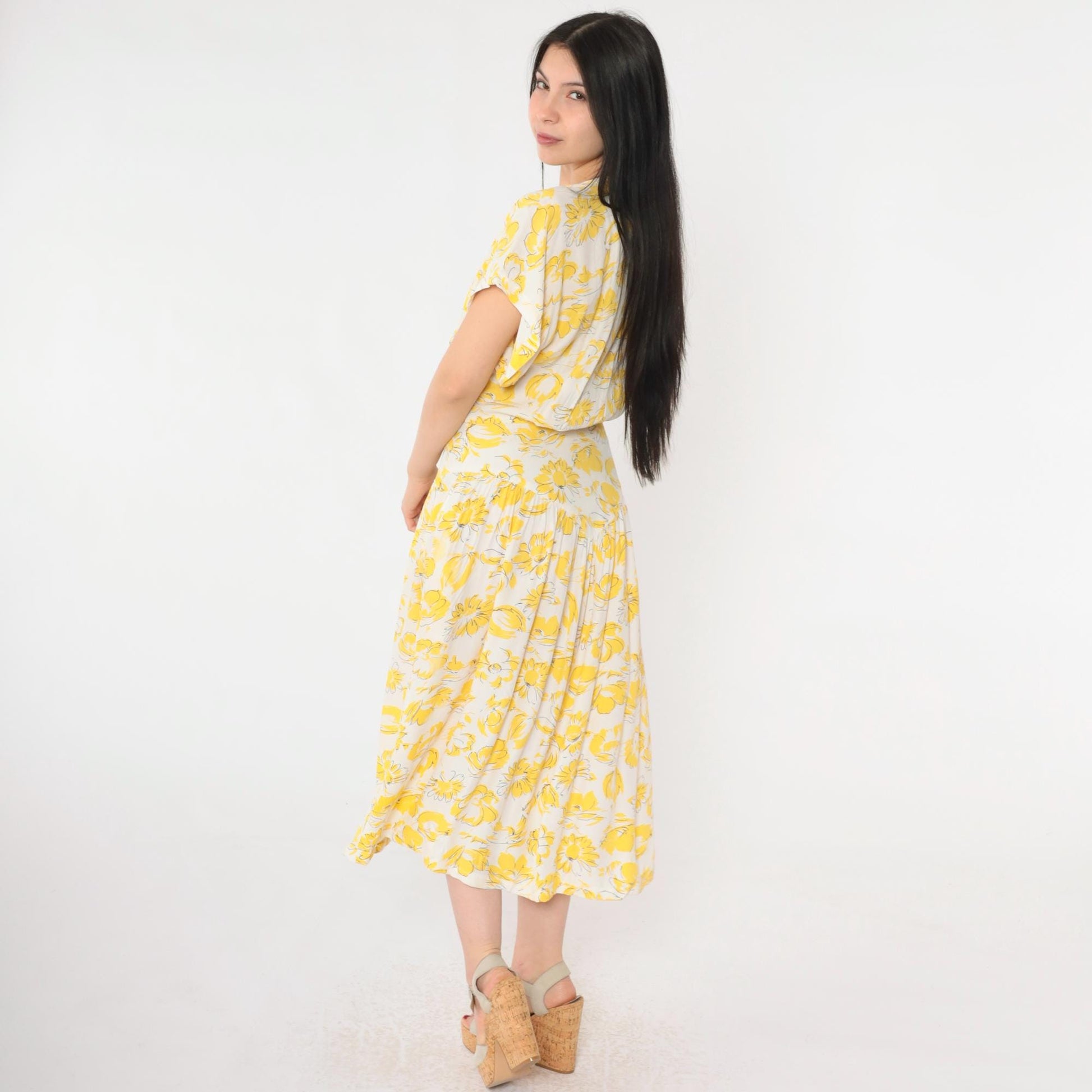 80s E.D. Michaels Yellow Floral Drop Waist Midi Dress V Neck Button Front Small