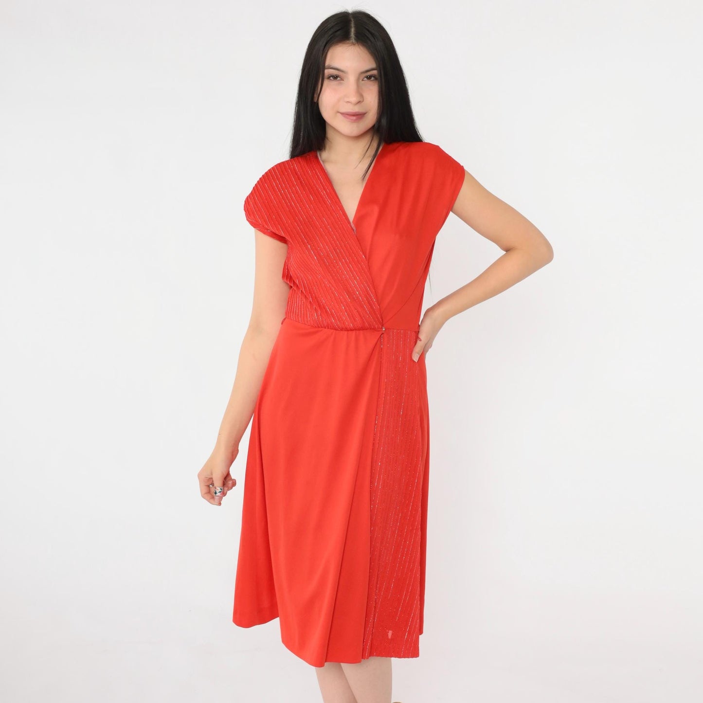 70s Red Metallic Striped Wrap Dress V Neck Midi Cap Sleeve Small