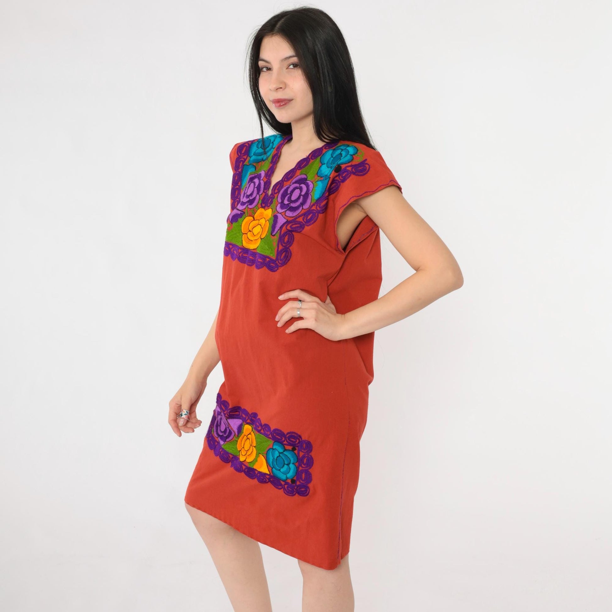 90s Red Mexican Embroidered Midi Dress Floral Tunic Cap Sleeve Medium
