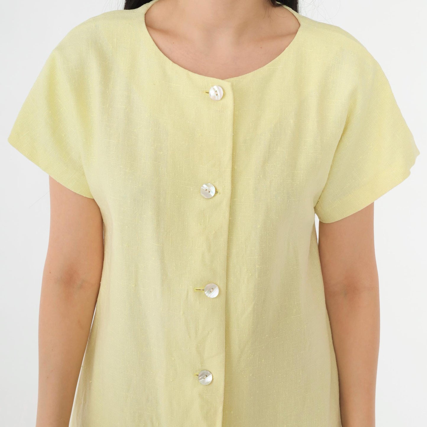90s Yellow Linen-Look Button-Up Shift Dress Short Sleeve Small S
