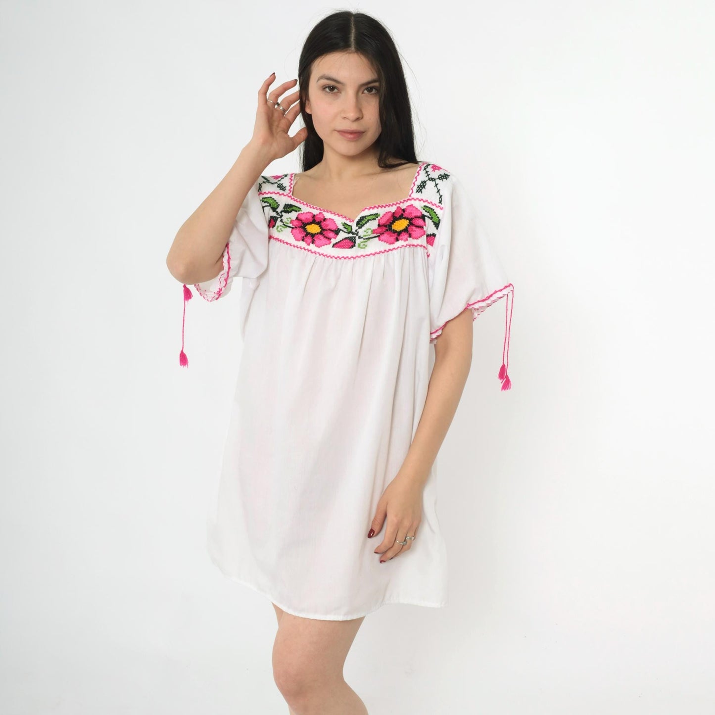 90s Mexican White Floral Embroidered Mini Dress Short Sleeve Large L