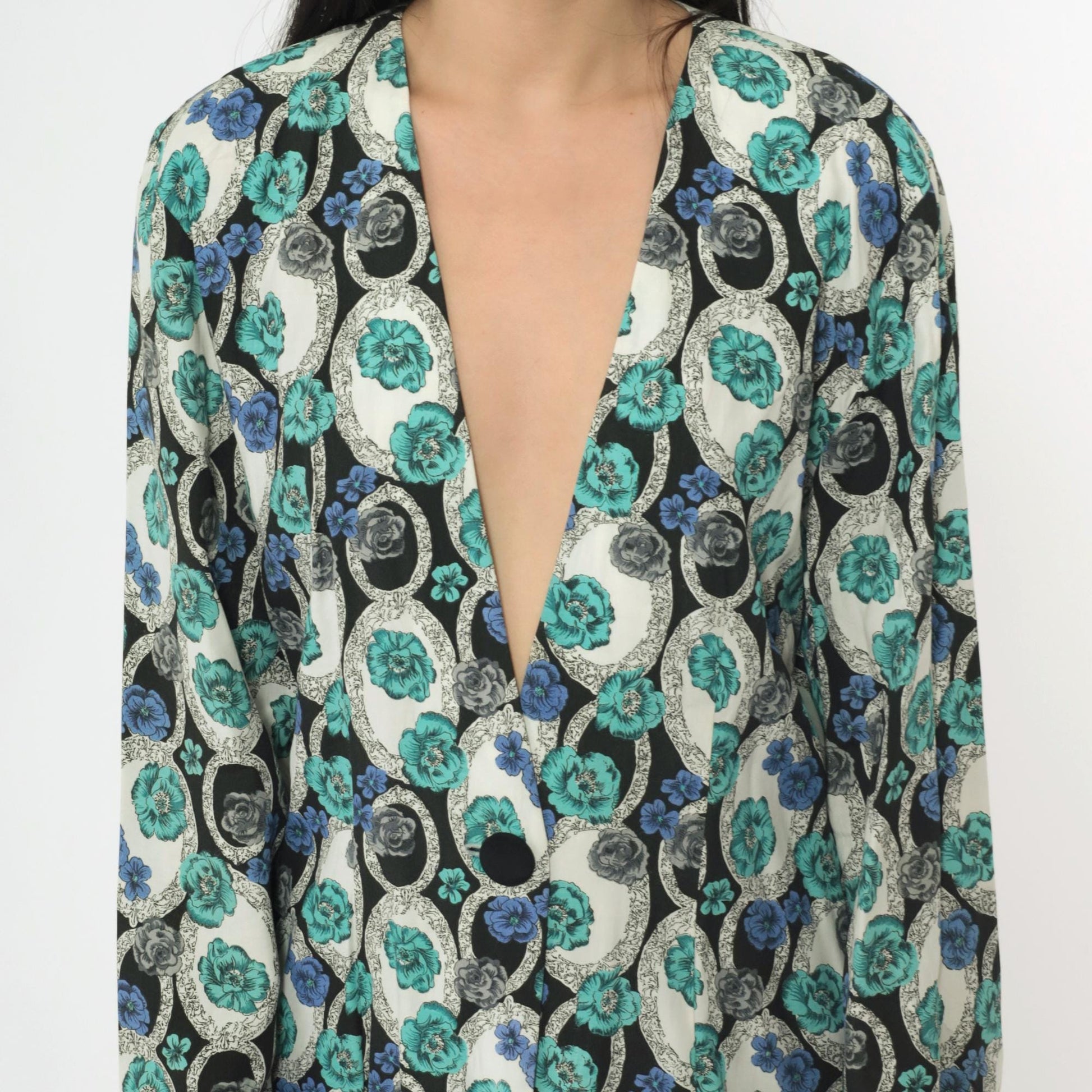 90s Young Edwardian Floral Blazer Deep V Neck Single Button Black White Blue Large
