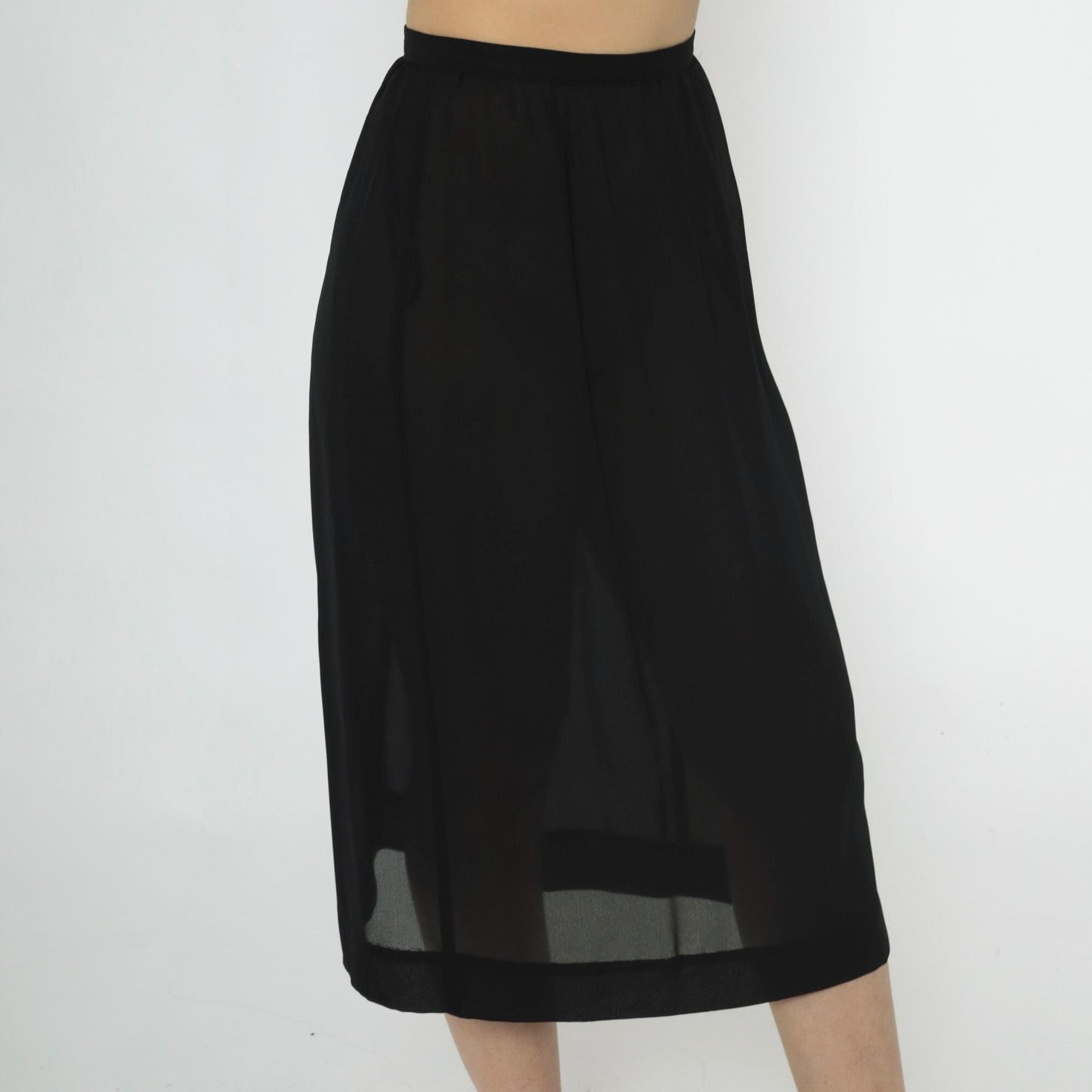 80s Black Sheer Midi Skirt High Waist Straight Cut Small