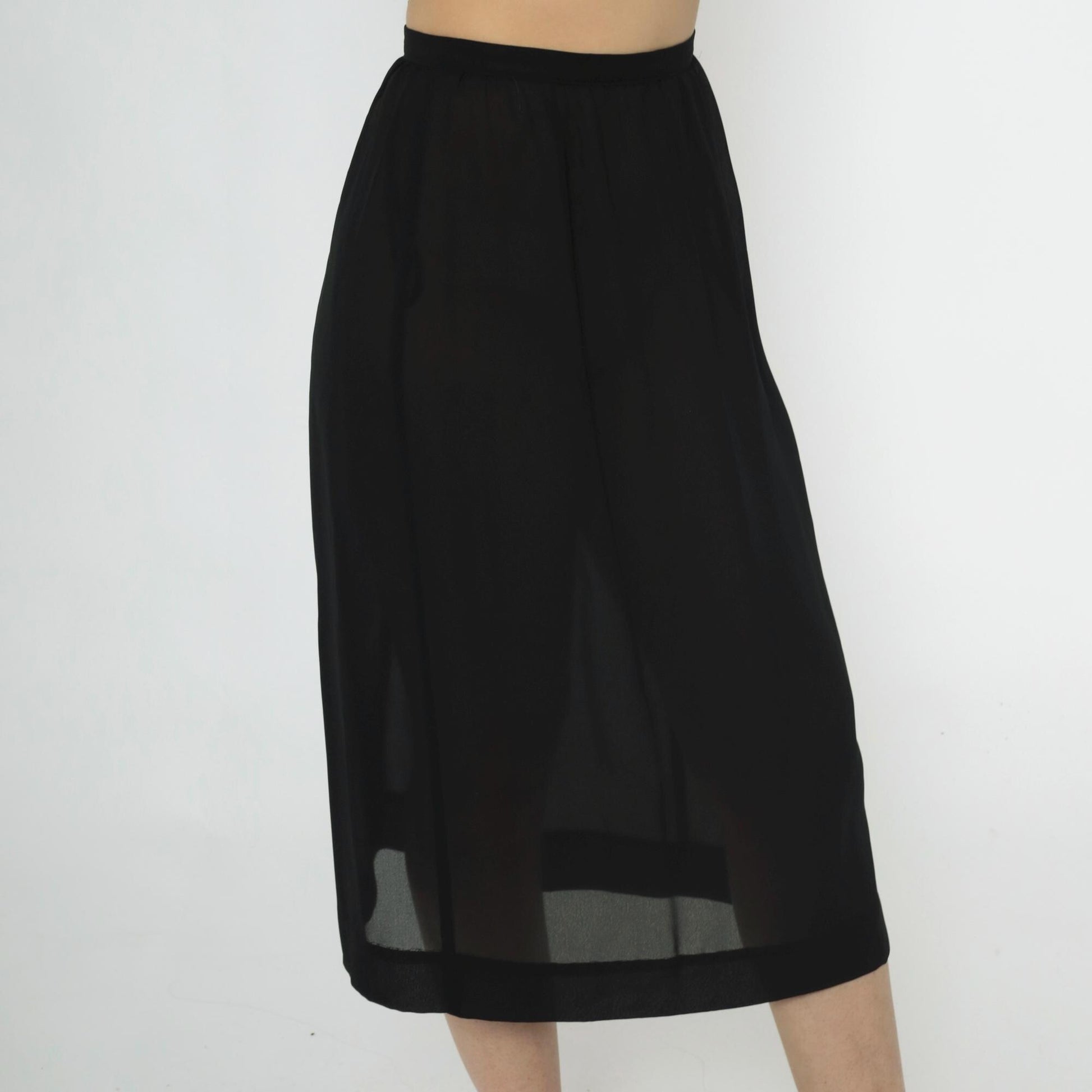 80s Black Sheer Midi Skirt High Waist Straight Cut Small