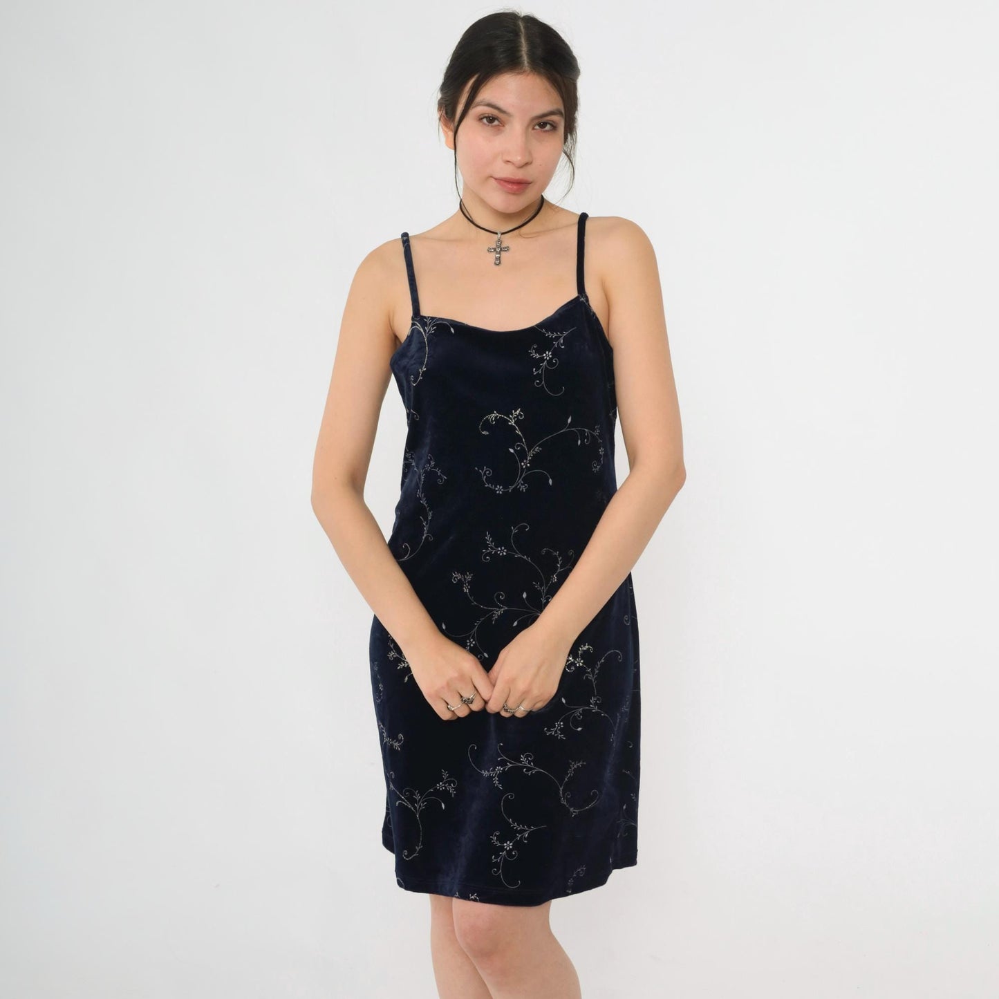 Y2K Navy Velvet Mini Dress Glittery Floral Spaghetti Strap Sheath Large