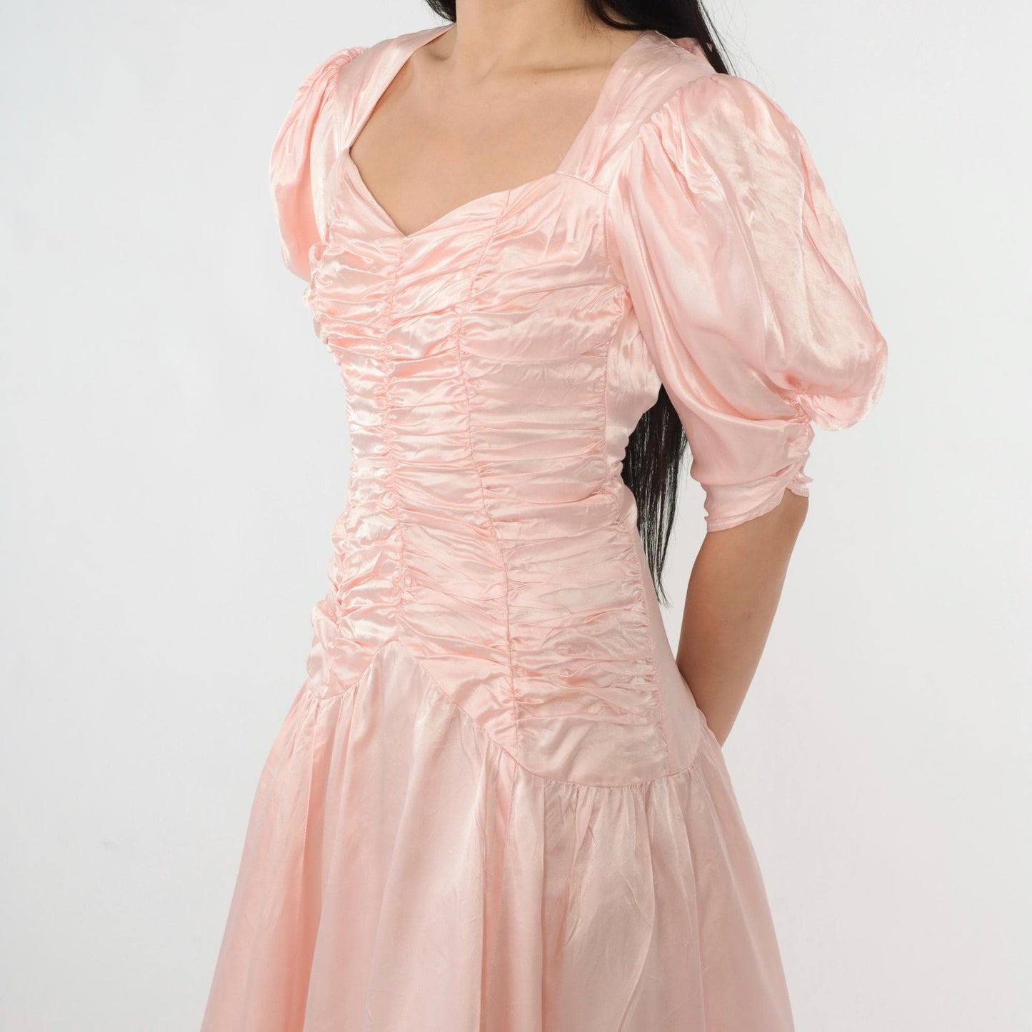 80s Jessica McClintock Gunne Sax Pink Satin Midi Dress Puff Sleeve Open Back Extra Small