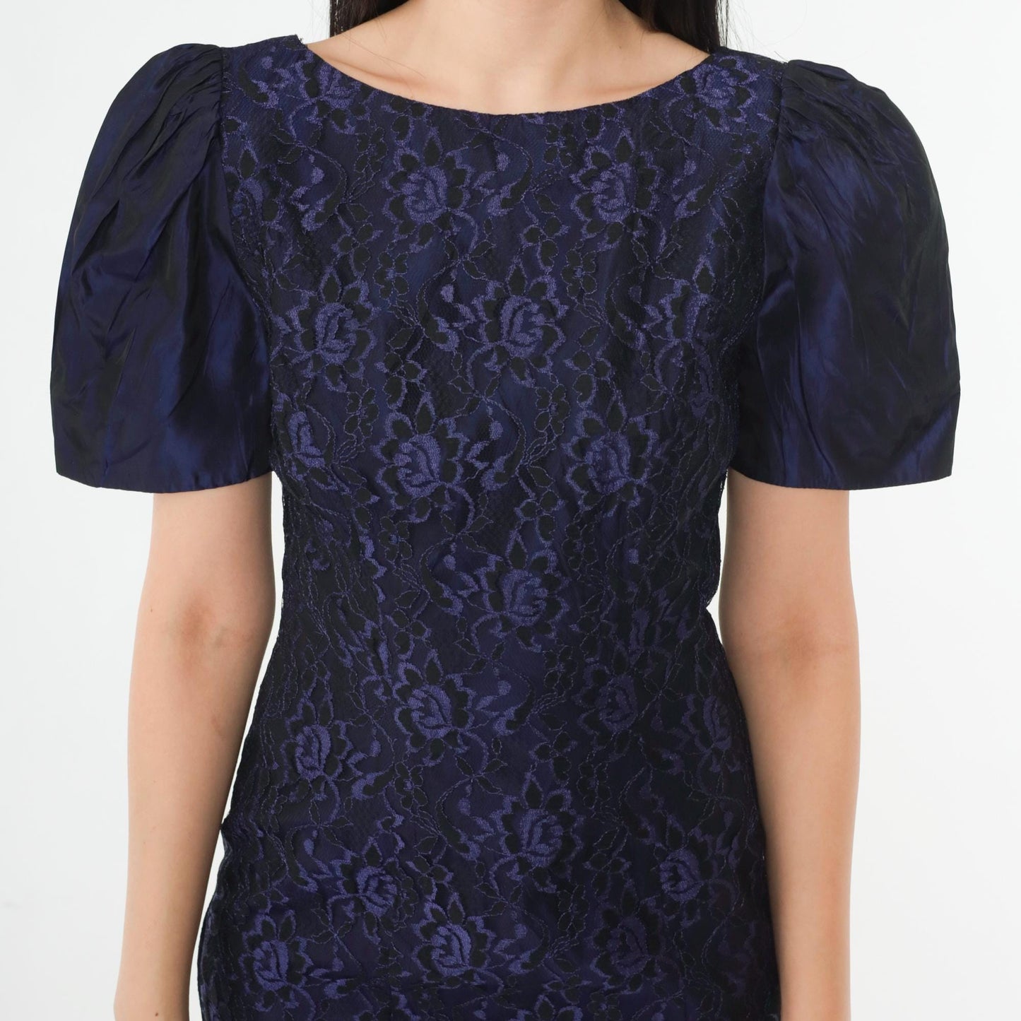 80s Purple Taffeta Lace Sheath Dress Puff Sleeve Boat Neck Knee Length Extra Small