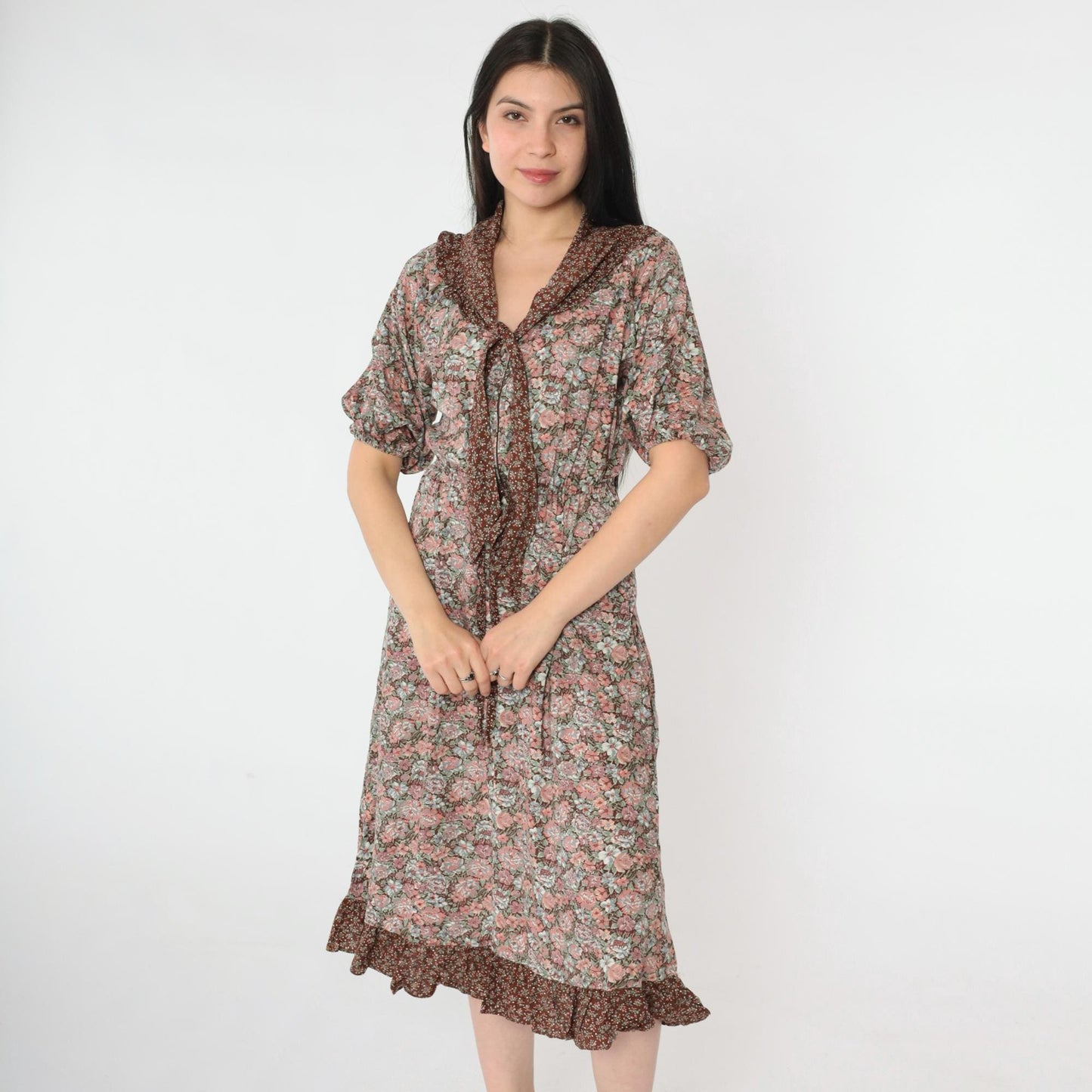 70s Oops California Floral Peasant Midi Dress Brown Pink Necktie Small