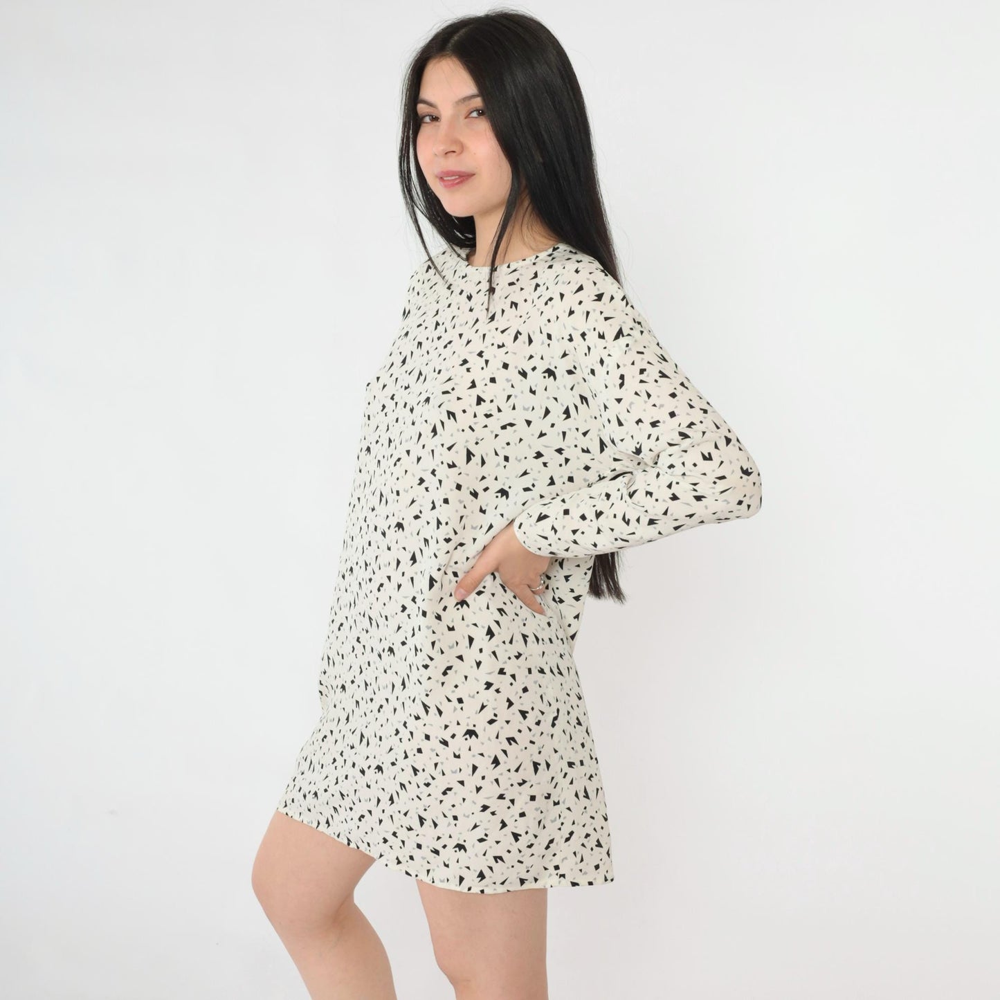 80s Evan-Picone Geometric Confetti Mini Dress Long Sleeve White Black Medium Large