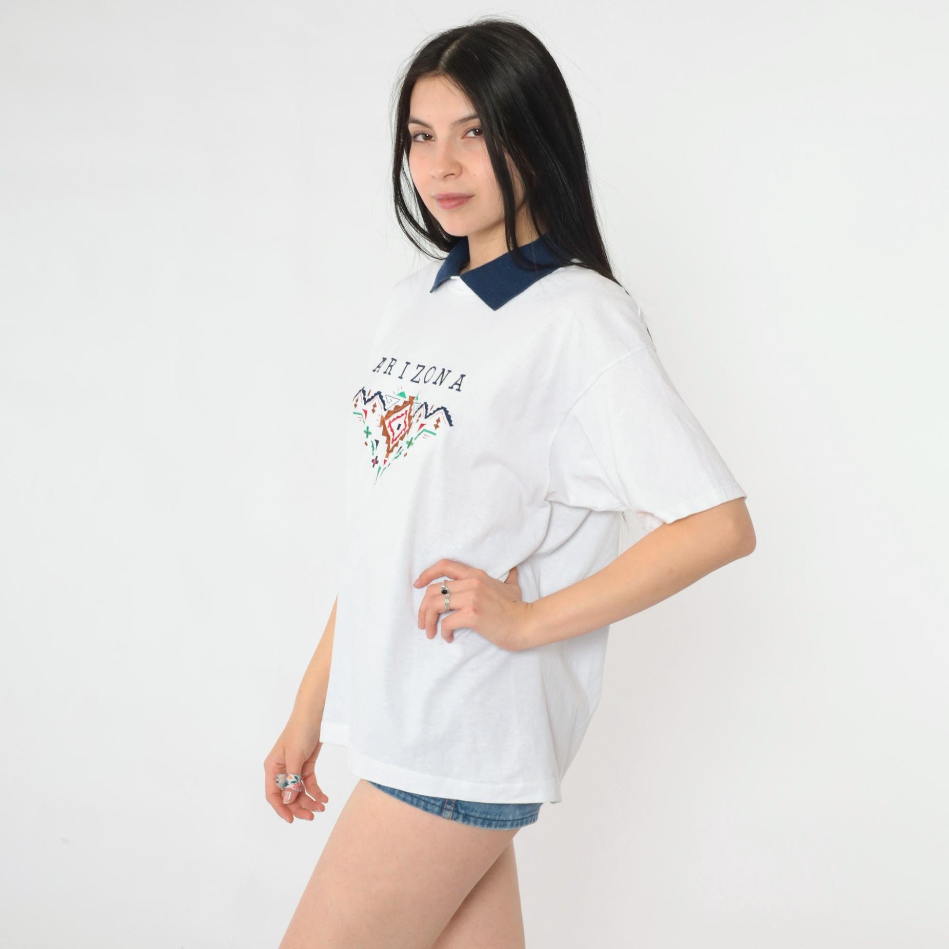 Y2K Arizona Embroidered Graphic T-Shirt White Collared Tee Large L