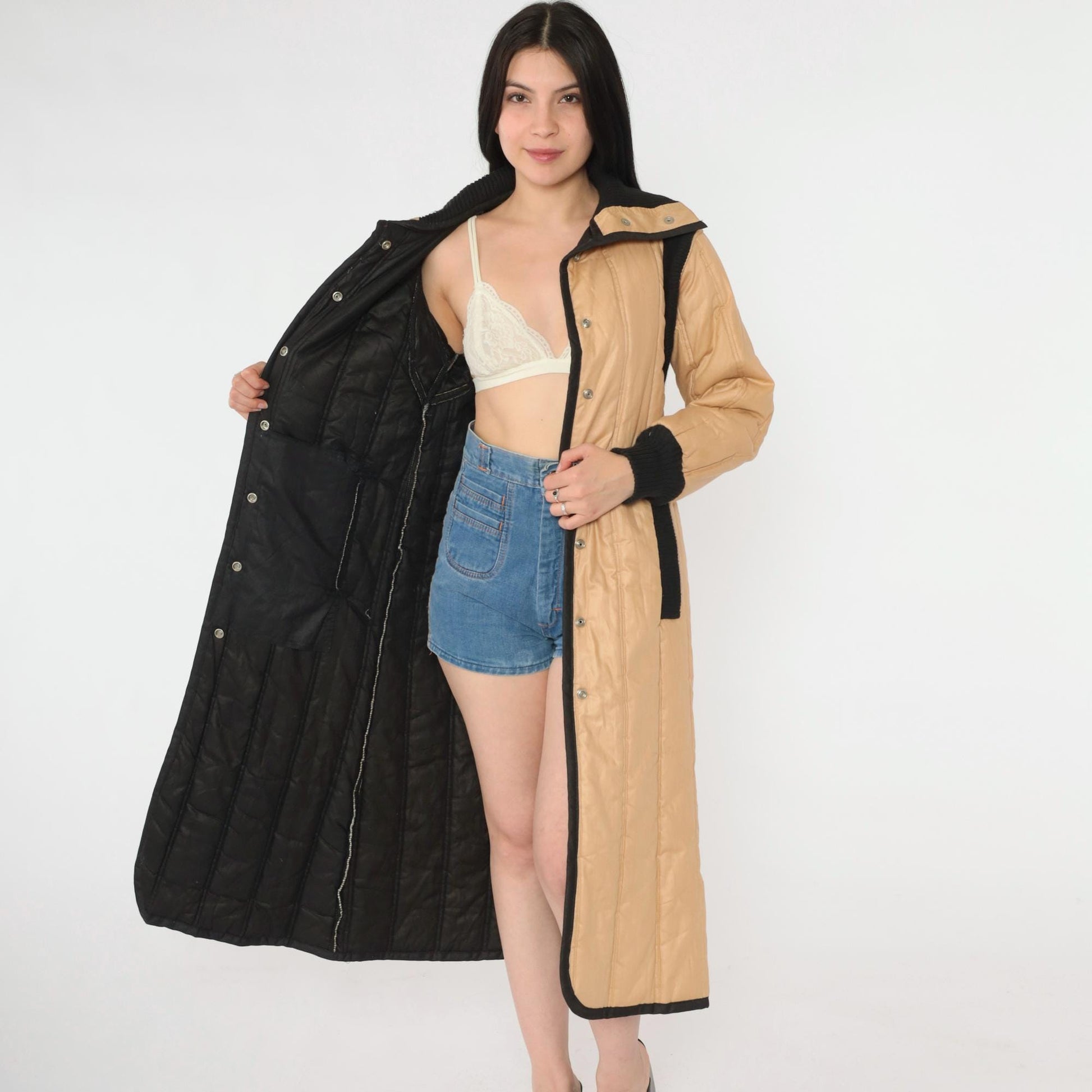 80s Furrrina Quilted Parka Tan Black Long Puffer Jacket Small