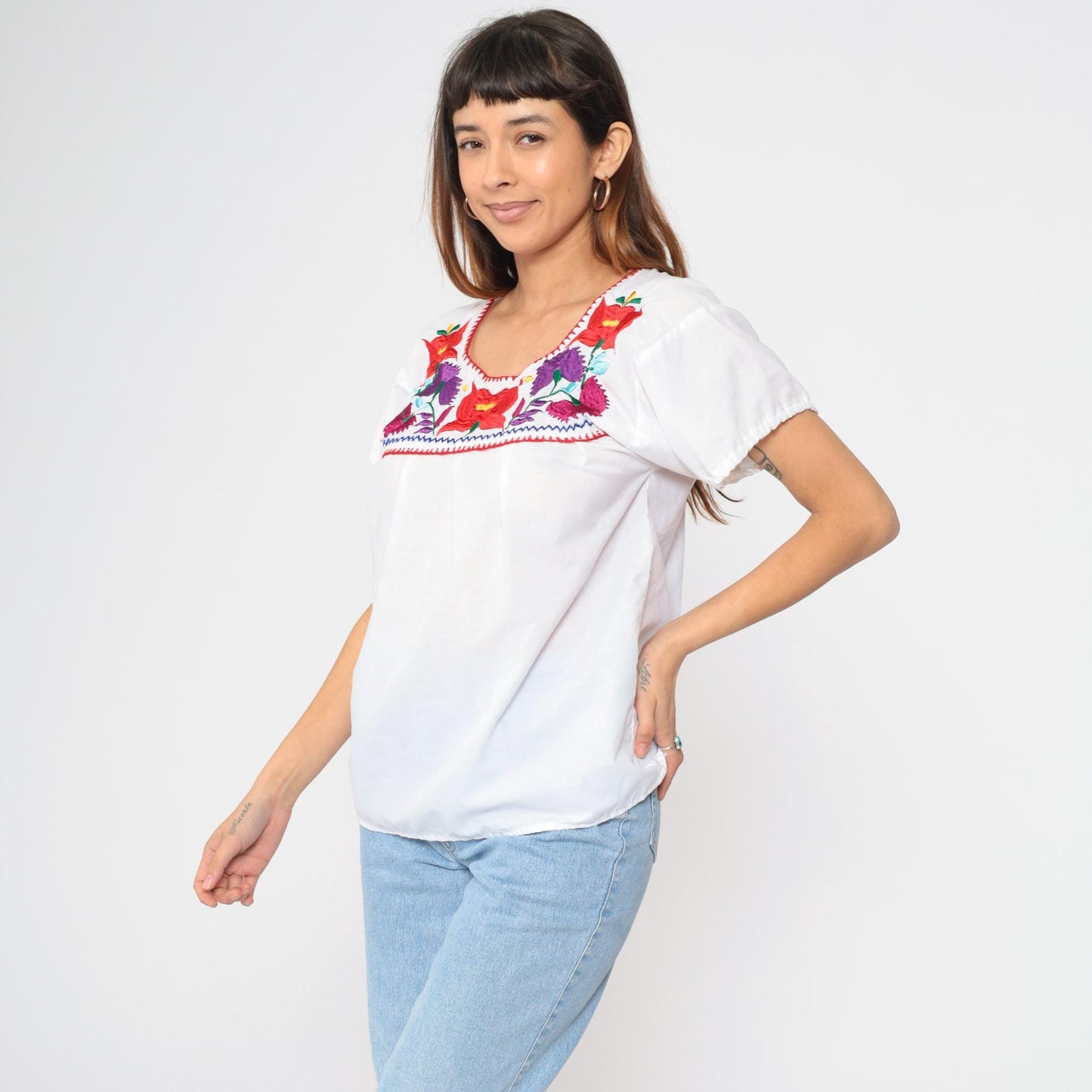 90s Mexican Floral Embroidered Blouse White Short Sleeve Small