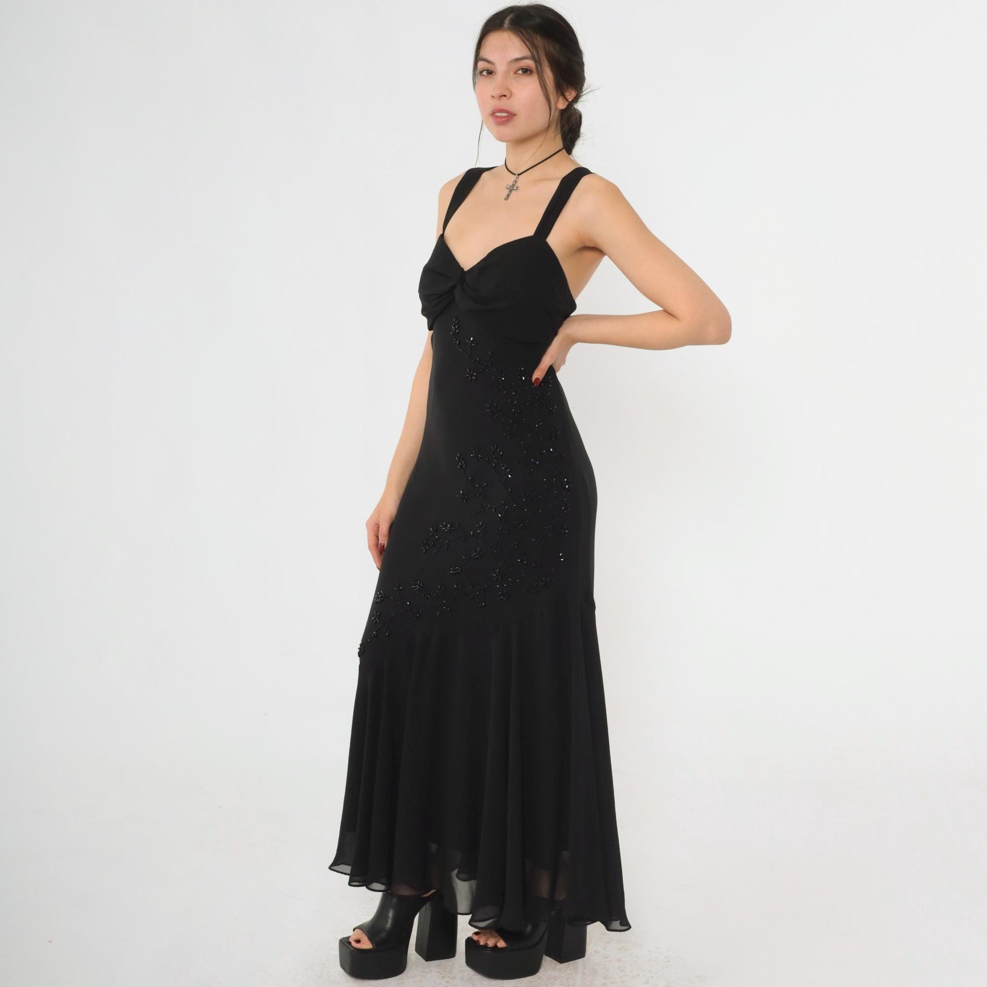 Y2K Black Chiffon Maxi Dress Floral Beading Sweetheart Neckline Large