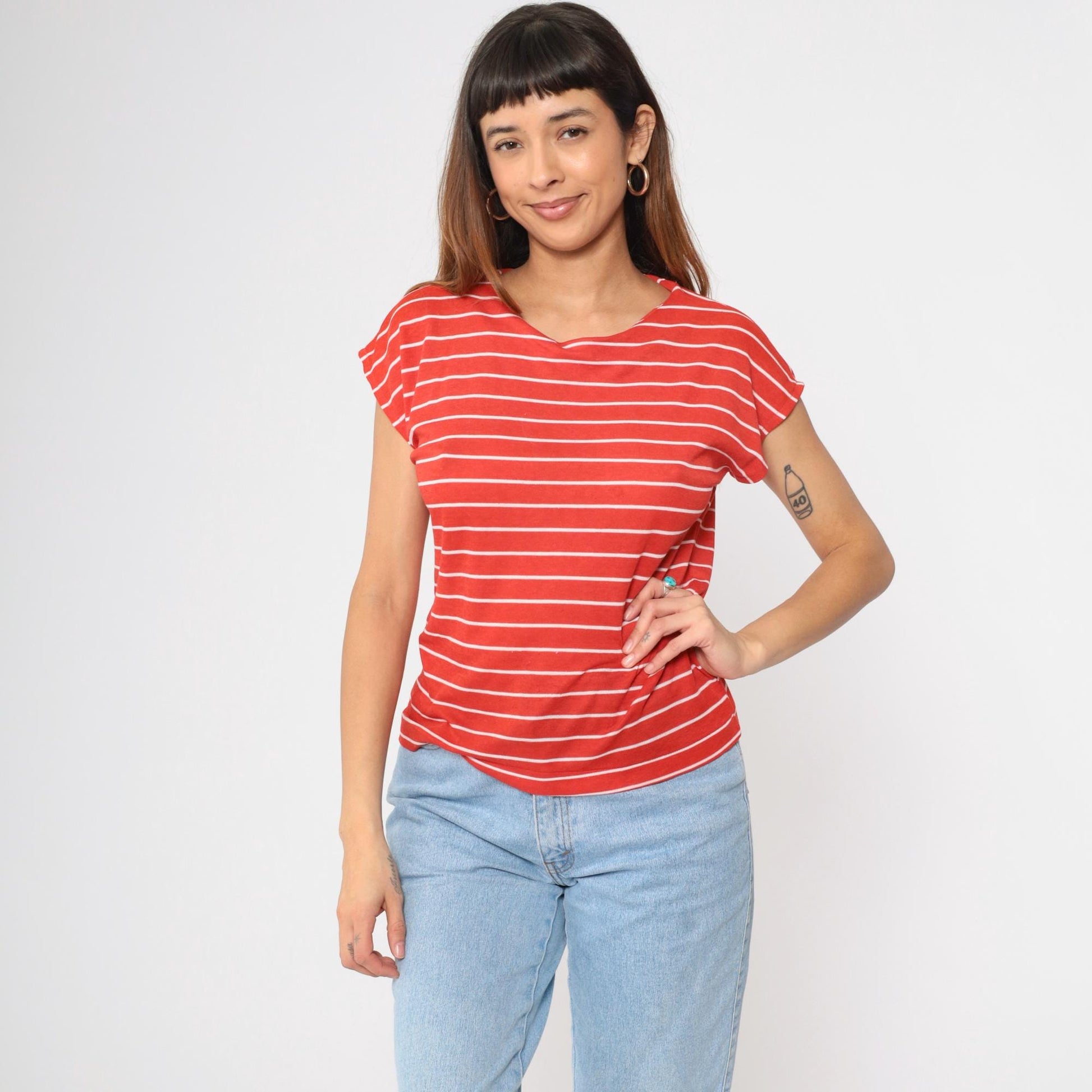 80s Red White Striped Cap Sleeve T-Shirt Gotham Vintage Small