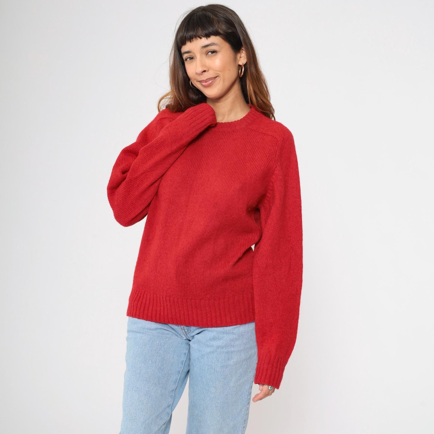 80s Red Wool Crewneck Sweater Plain Knit Pullover Medium M