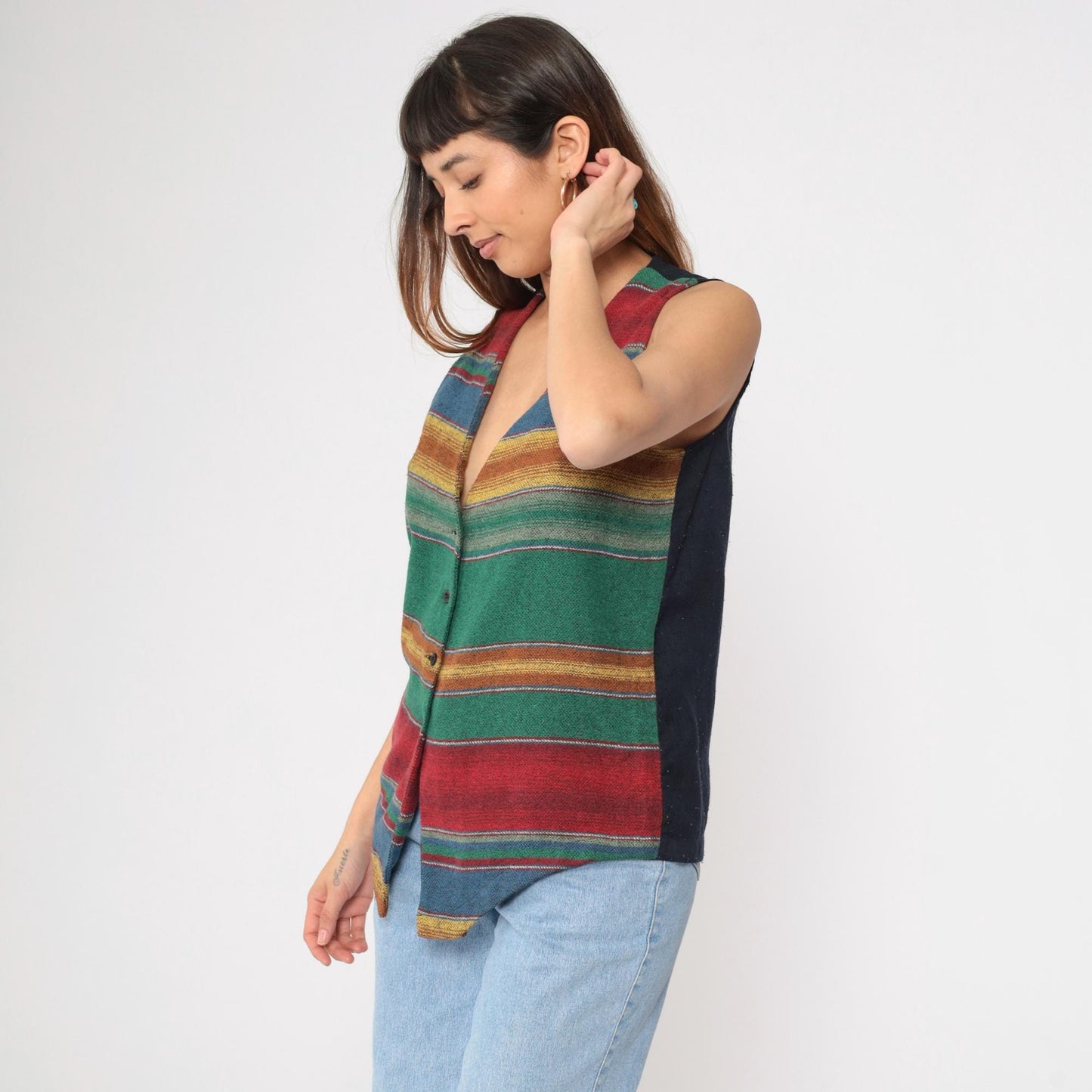 90s Striped Southwestern Woven Vest Multicolor V-Neck Button-Up Small