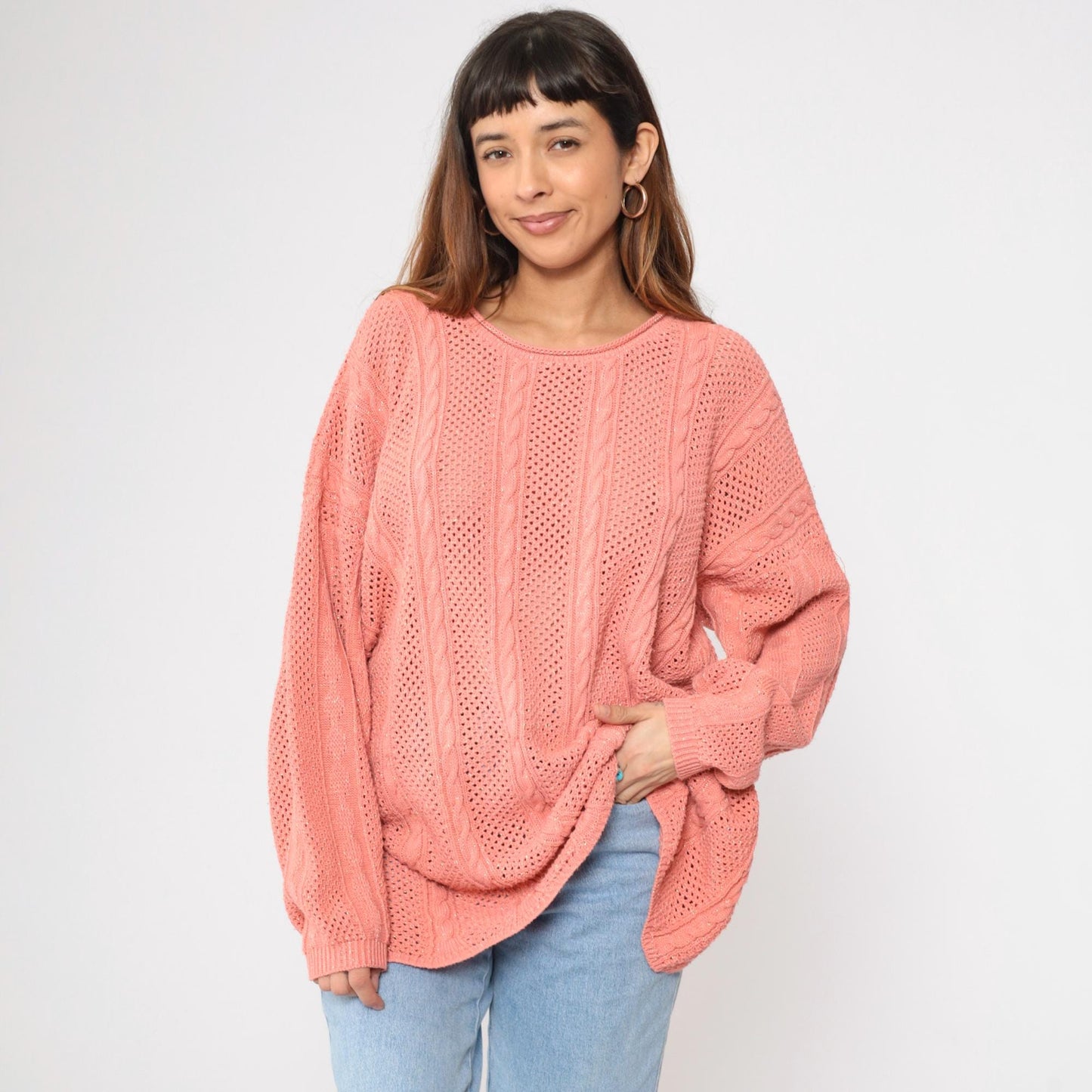 90s Metallic Pink Cable Knit Sweater Openwork Pullover Plus Size XXL