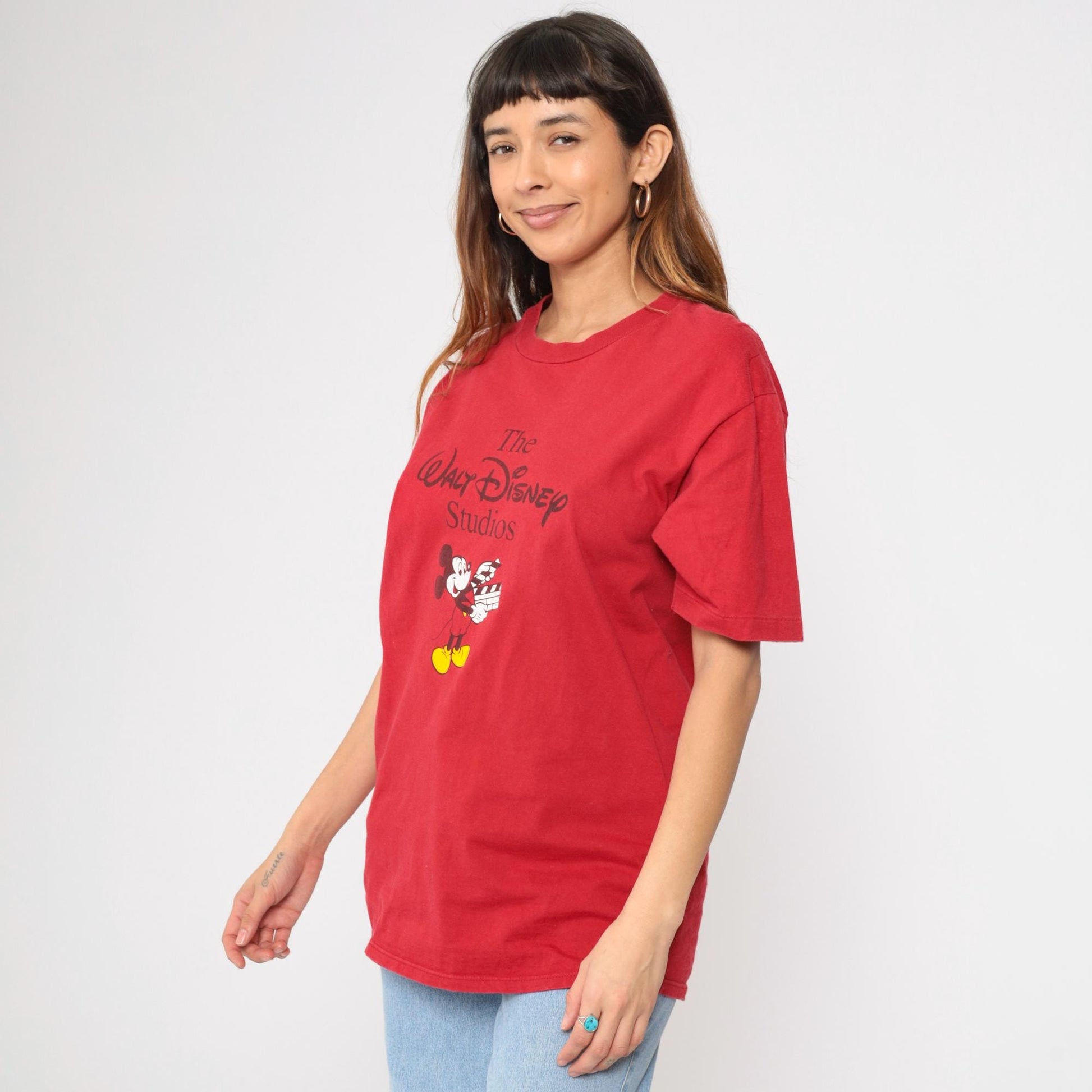 90s Mickey Mouse Disney Studios Graphic T-Shirt Red Cotton Medium