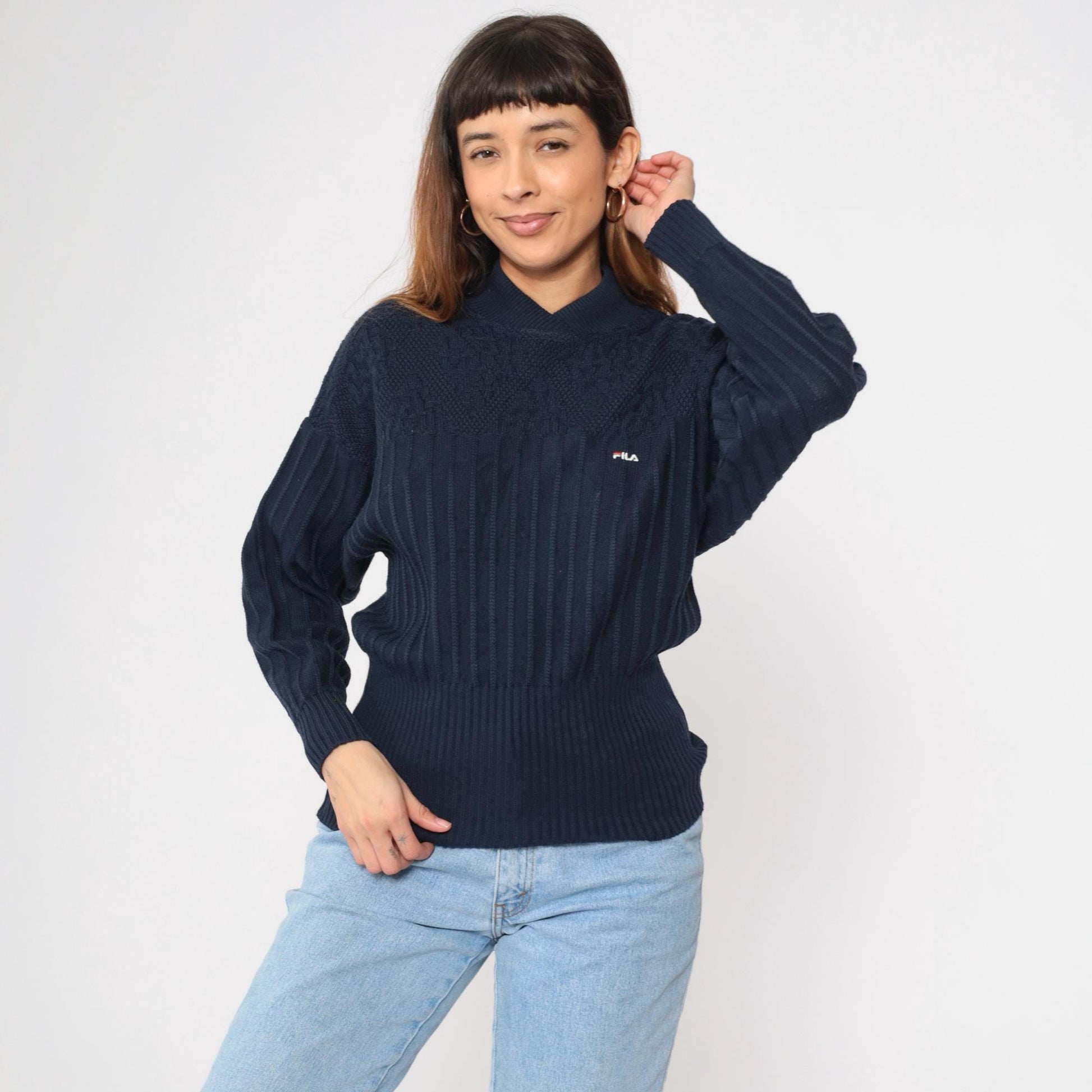 90s FILA Navy Wool Pullover Sweater Shawl Collar Ribbed Knit Small