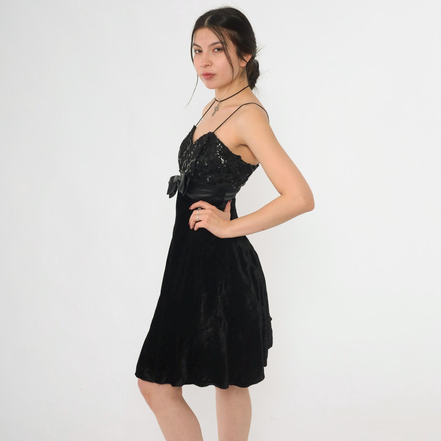 80s Black Velvet Lace Sequin Mini Dress Sweetheart Spaghetti Strap Empire Waist Extra Small