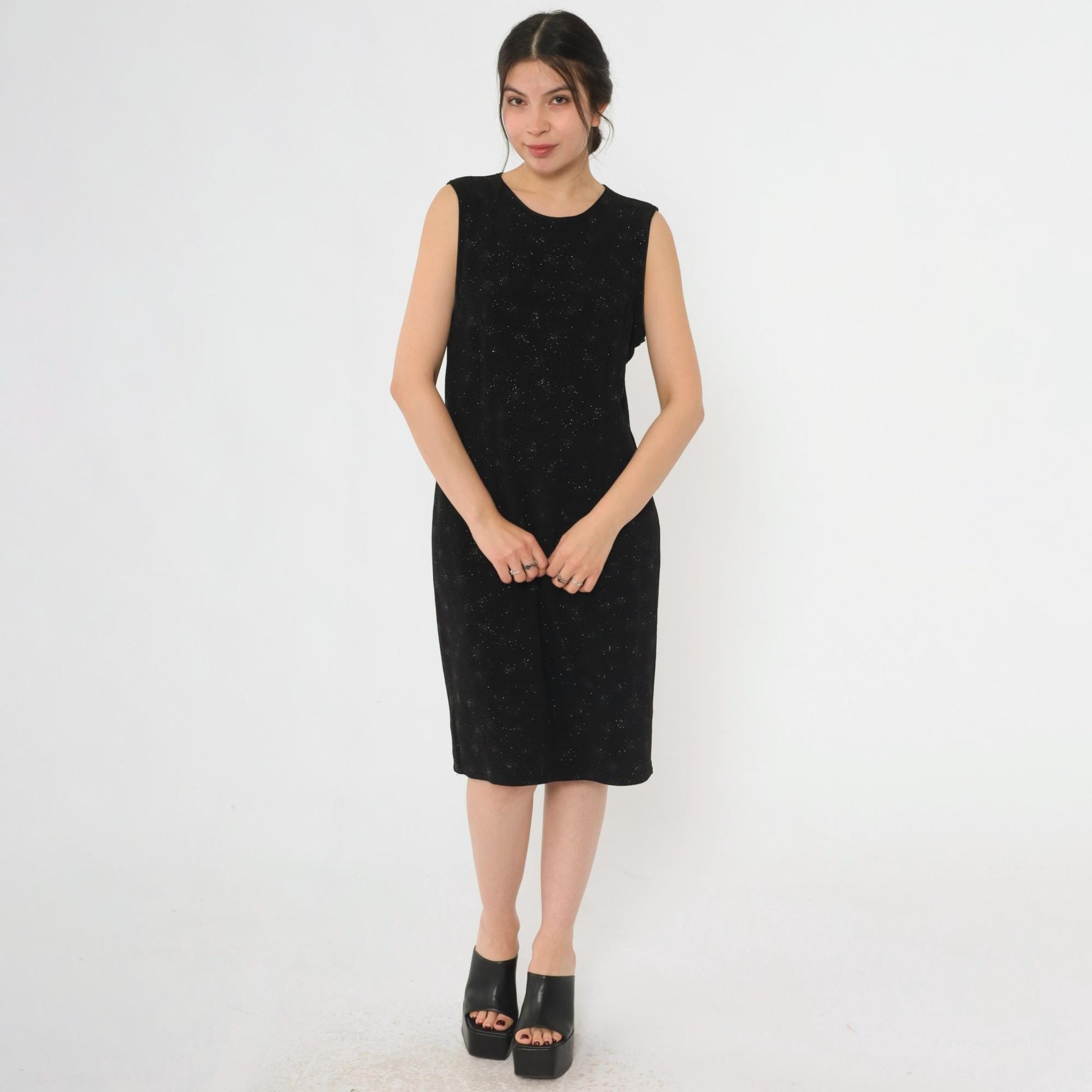 90s Onyx Nite Black Glitter Starburst Keyhole Back Midi Dress Large