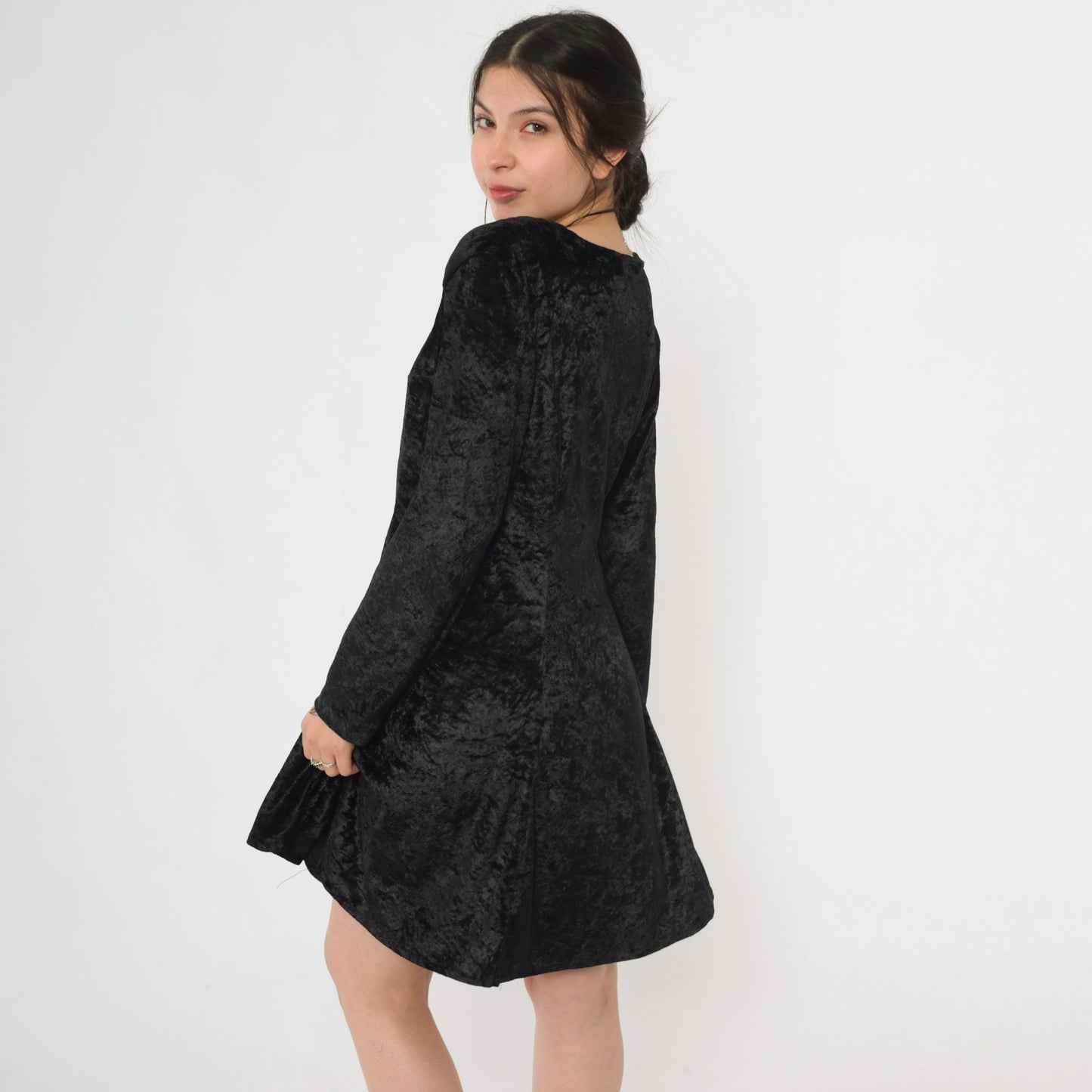 90s Black Crushed Velvet Mini Dress Lace Trim Long Sleeve Medium M