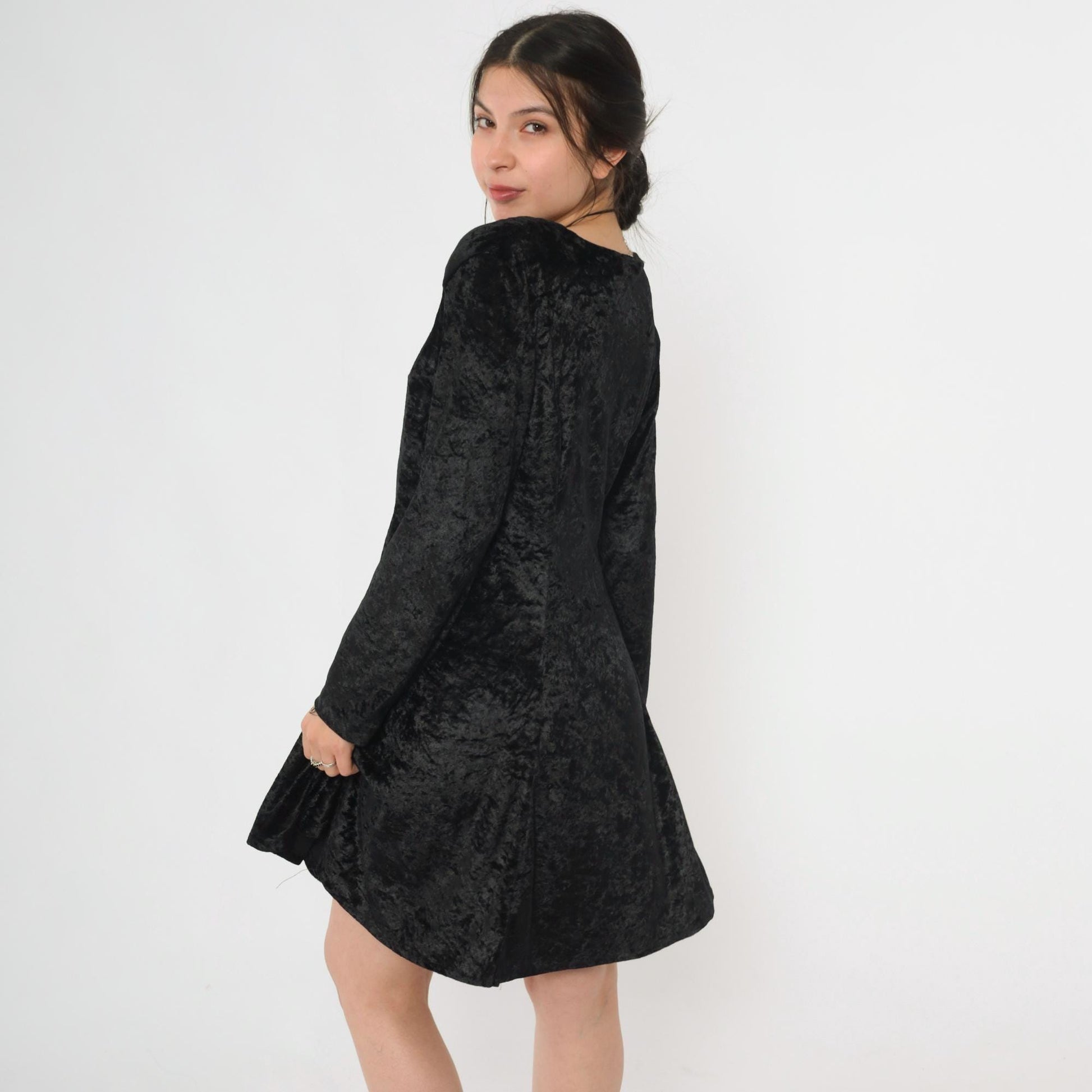 90s Black Crushed Velvet Mini Dress Lace Trim Long Sleeve Medium M