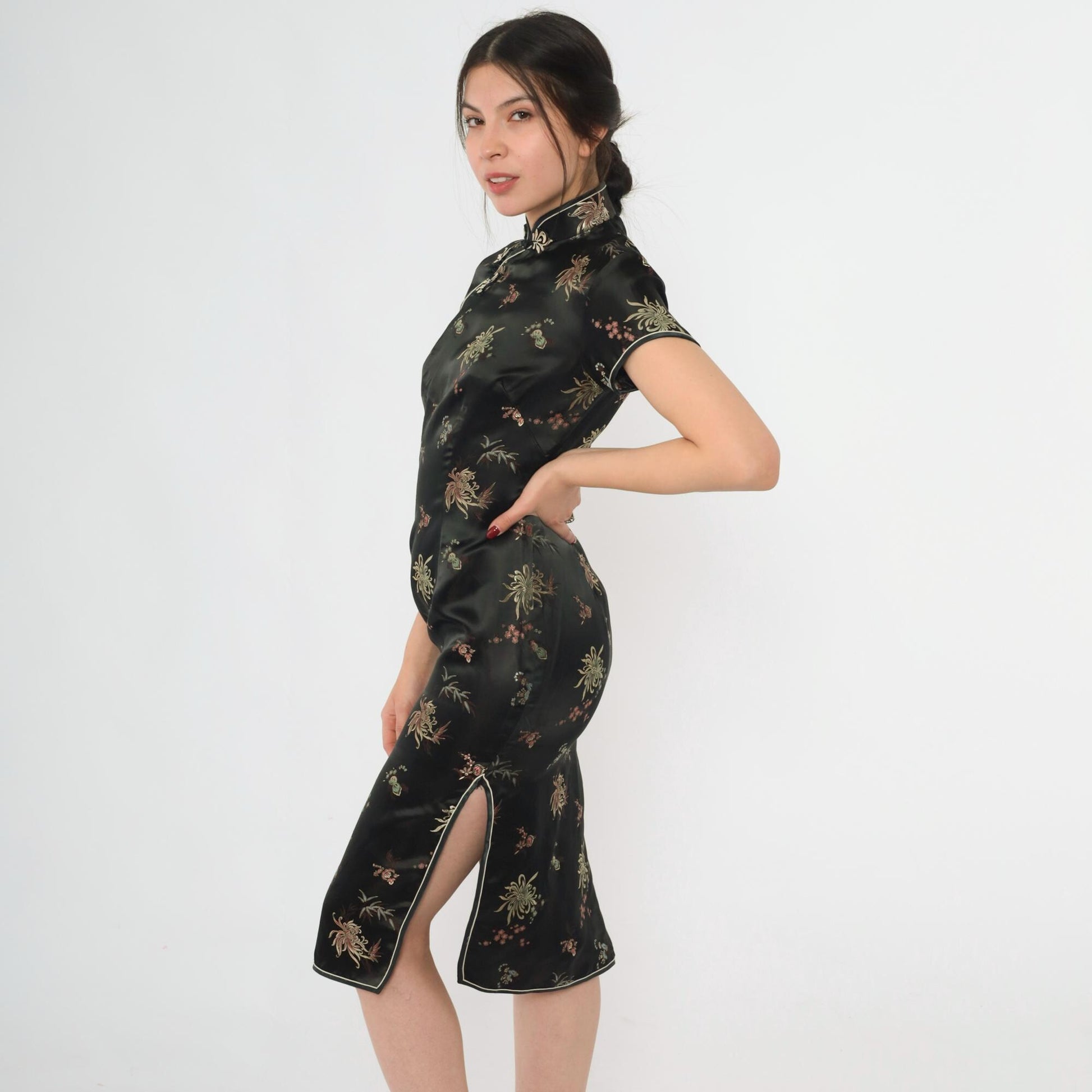 90s Black Silk Cheongsam Midi Dress Floral Embroidery Mandarin Collar Extra Small