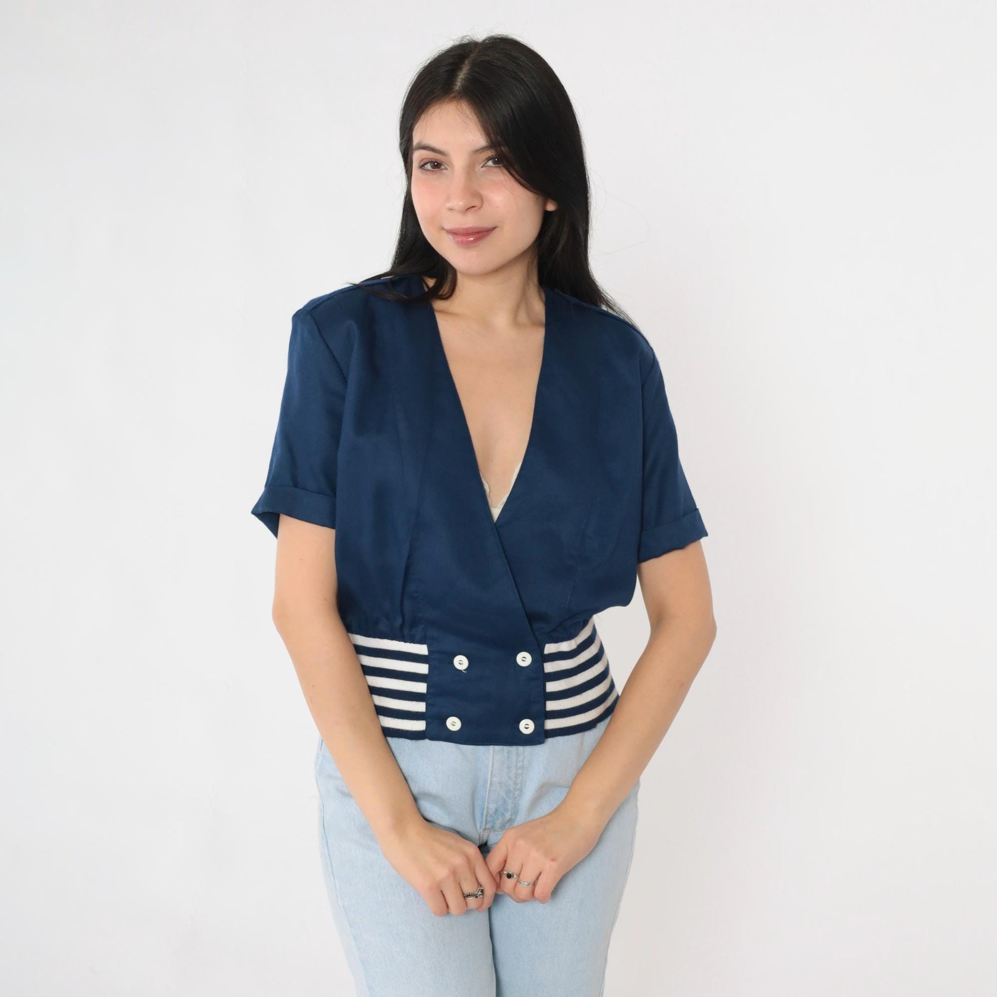 80s Lanz Nautical Striped Button-Up Blouse Deep V-Neck Dark Blue White Medium