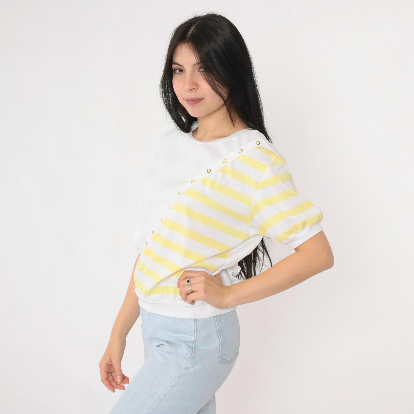 80s White Stag Striped Short Sleeve Shirt Yellow Banded Hem Medium