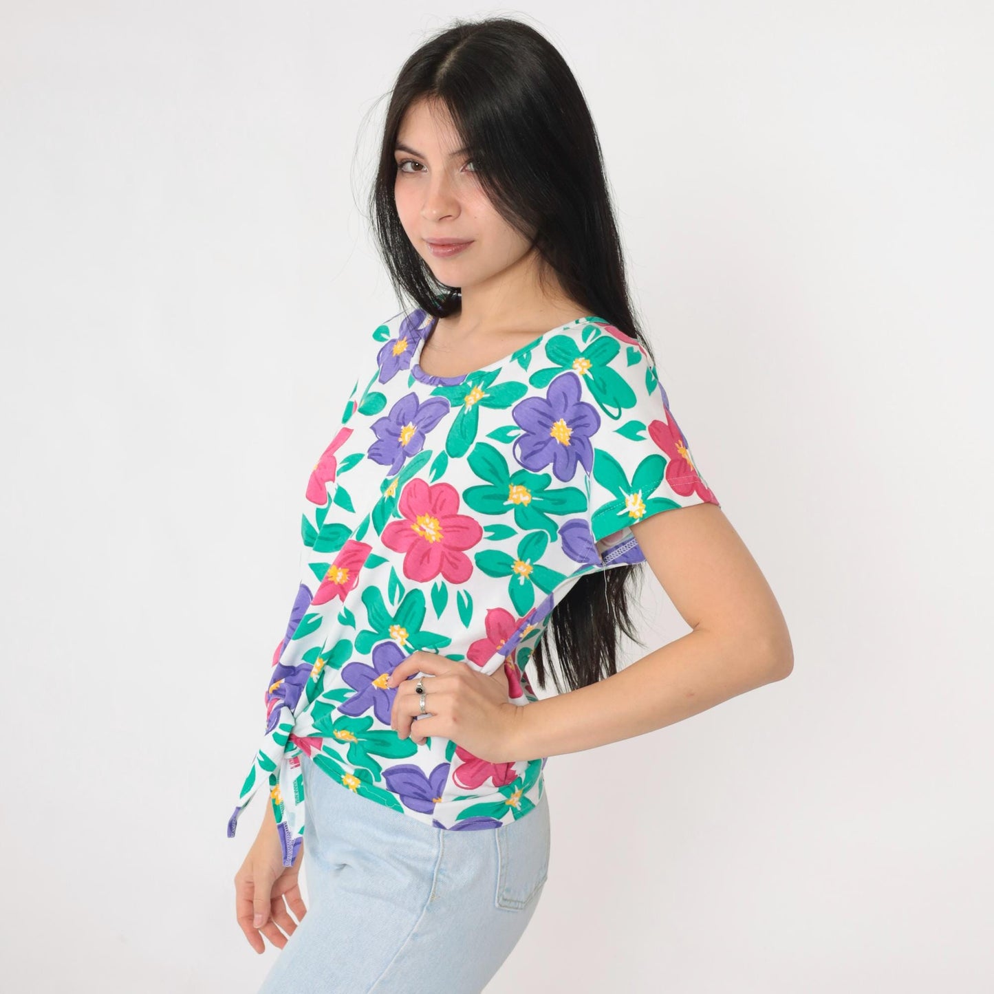 90s Aileen Petites Floral Tie Waist Graphic Tee White Short Sleeve Medium