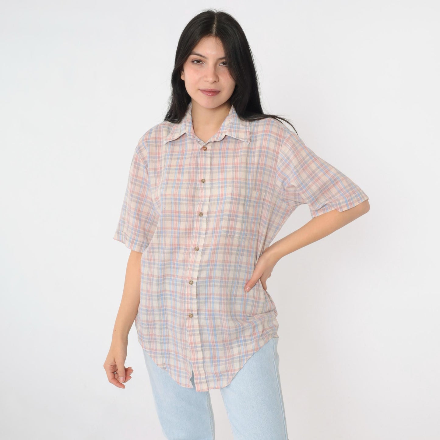 80s Cream Plaid Button-Up Shirt Pink Blue Checkered Short Sleeve Medium