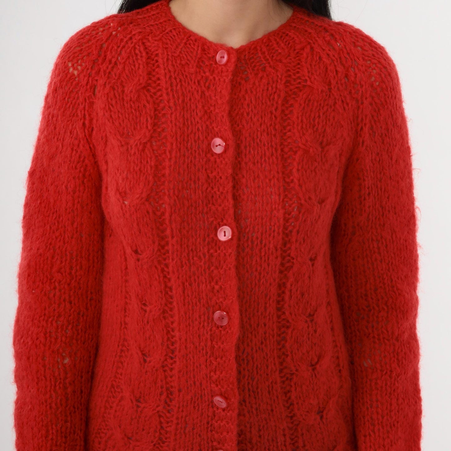 70s Carol Brent Wool Mohair Cable Knit Cardigan Red Semi-Sheer Extra Small