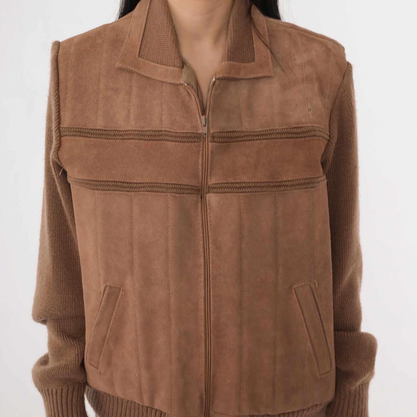 80s Repage Brown Suede Leather Bomber Jacket Striped Knit Medium